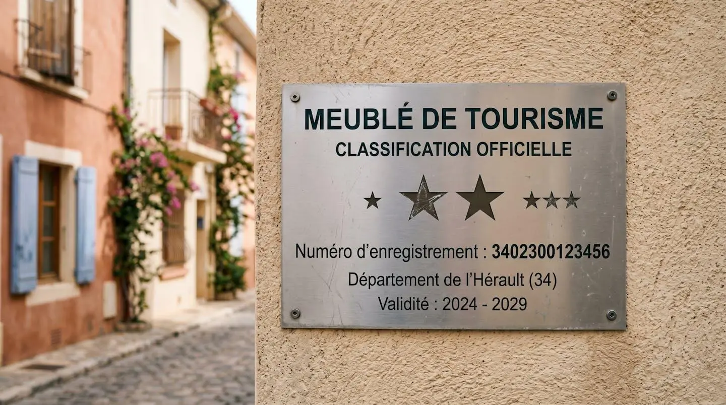 Gros plan sur une plaque officielle de numéro d'enregistrement d'un meublé de tourisme classé avec étoiles, apposée sur le mur extérieur d'un immeuble à Balaruc-les-Bains