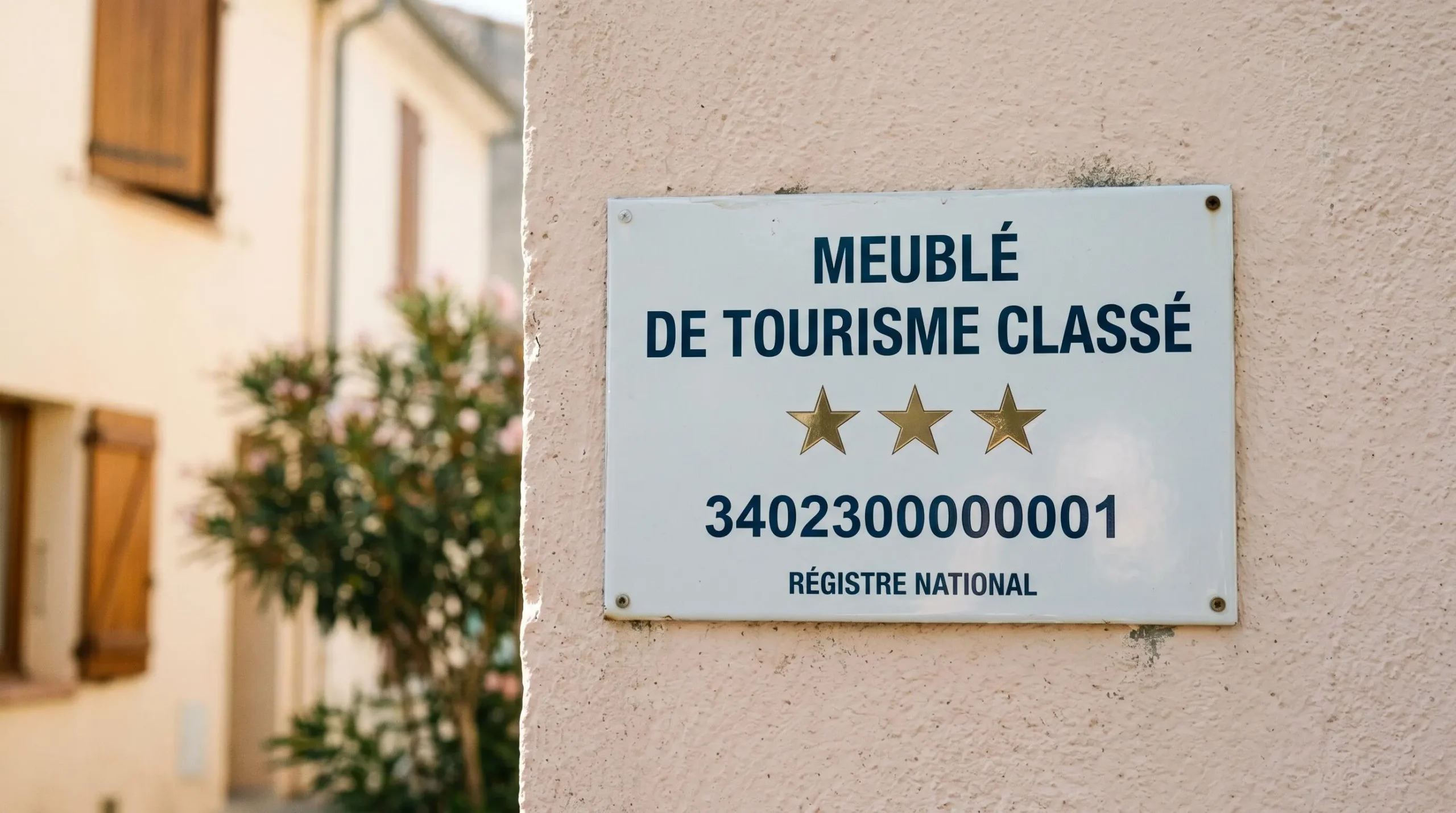 Gros plan sur une plaque officielle de numéro d'enregistrement d'un meublé de tourisme classé avec étoiles, apposée sur le mur extérieur d'un immeuble à Balaruc-les-Bains