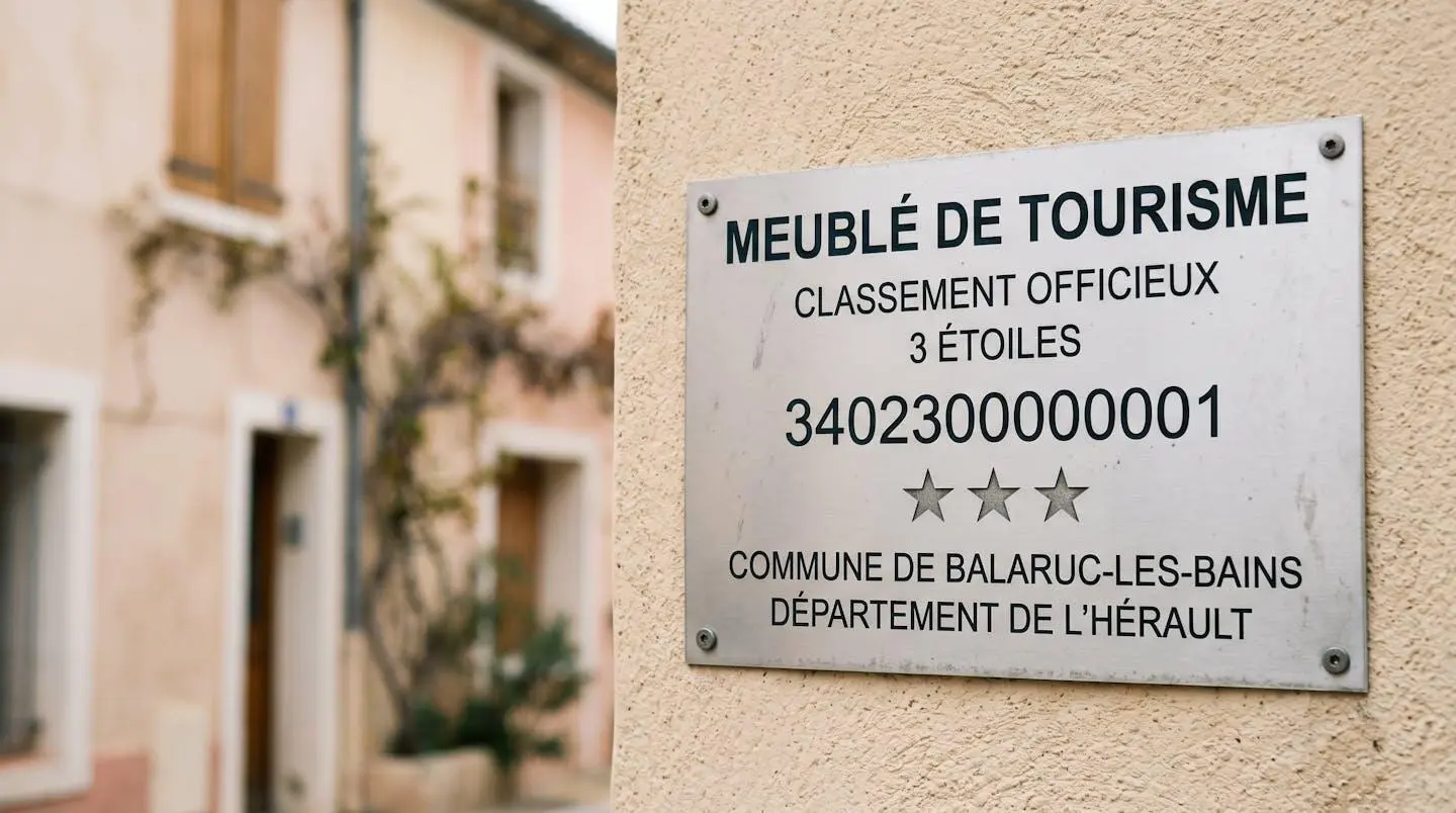Gros plan sur une plaque officielle de numéro d'enregistrement d'un meublé de tourisme classé avec étoiles, apposée sur le mur extérieur d'un immeuble à Balaruc-les-Bains