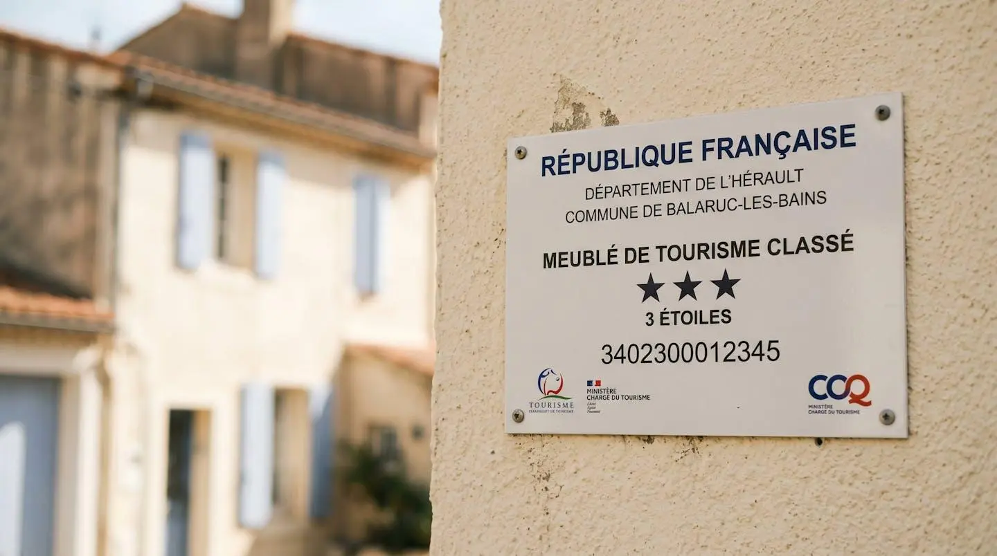 Gros plan sur une plaque officielle de numéro d'enregistrement d'un meublé de tourisme classé avec étoiles, apposée sur le mur extérieur d'un immeuble à Balaruc-les-Bains