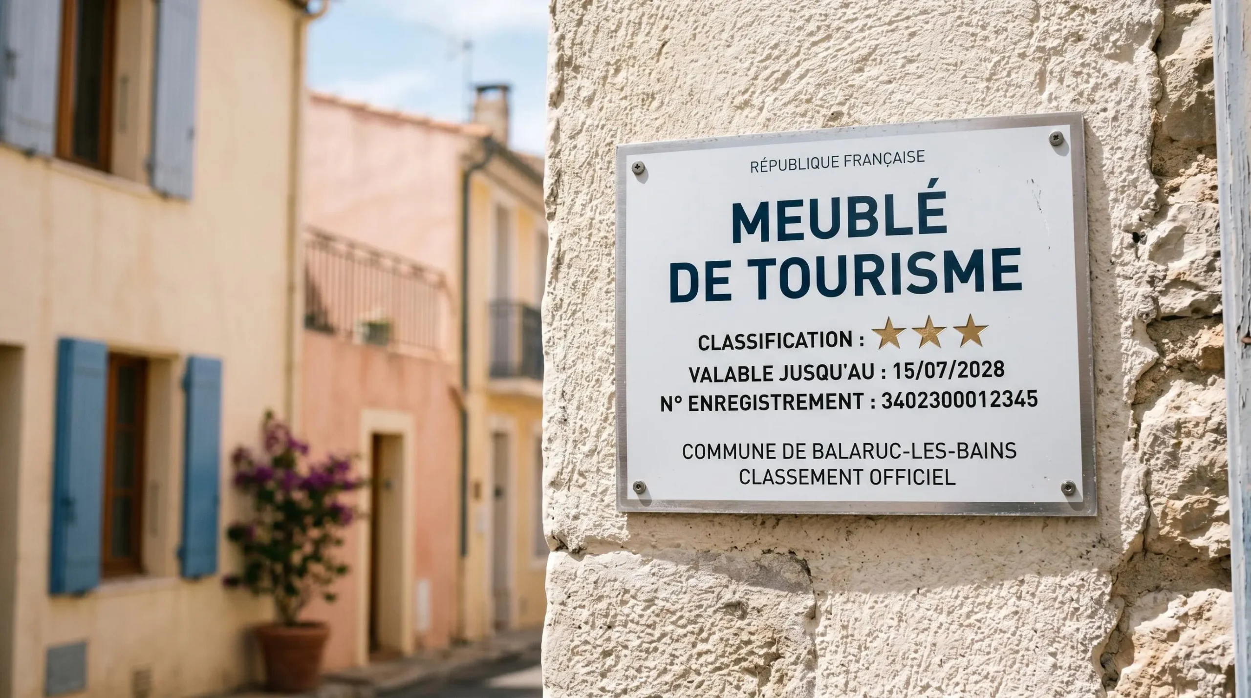 Gros plan sur une plaque officielle de numéro d'enregistrement d'un meublé de tourisme classé avec étoiles, apposée sur le mur extérieur d'un immeuble à Balaruc-les-Bains