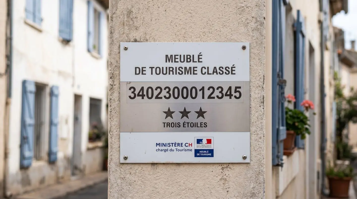 Gros plan sur une plaque officielle de numéro d'enregistrement d'un meublé de tourisme classé avec étoiles, apposée sur le mur extérieur d'un immeuble à Balaruc-les-Bains