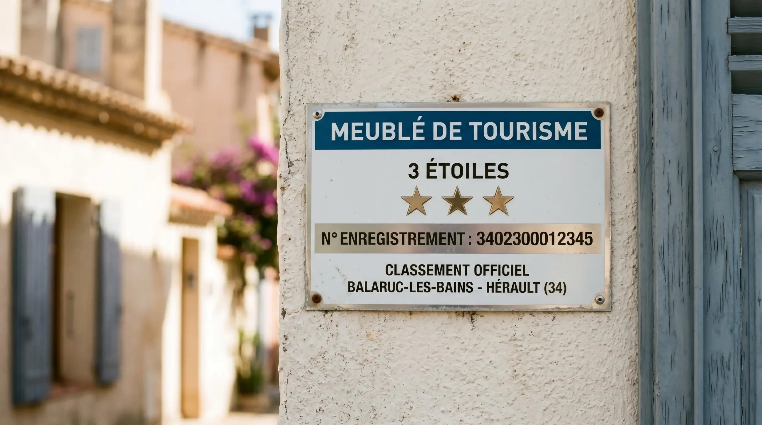 Gros plan sur une plaque officielle de numéro d'enregistrement d'un meublé de tourisme classé avec étoiles, apposée sur le mur extérieur d'un immeuble à Balaruc-les-Bains