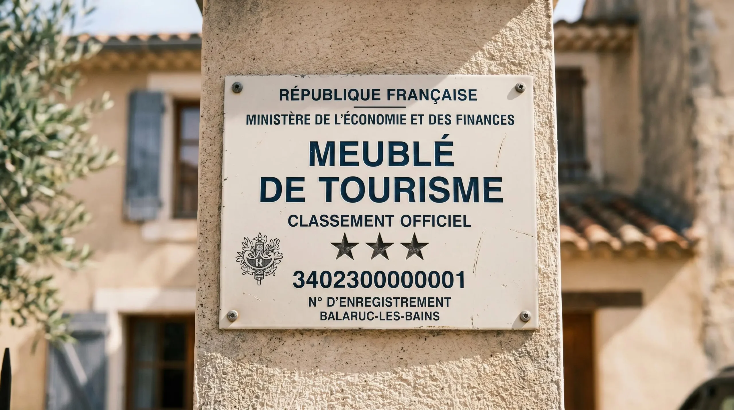 Gros plan sur une plaque officielle de numéro d'enregistrement d'un meublé de tourisme classé avec étoiles, apposée sur le mur extérieur d'un immeuble à Balaruc-les-Bains