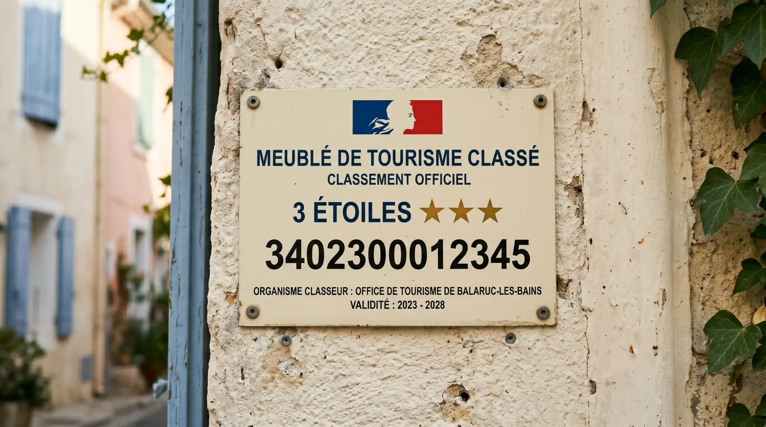 Gros plan sur une plaque officielle de numéro d'enregistrement d'un meublé de tourisme classé avec étoiles, apposée sur le mur extérieur d'un immeuble à Balaruc-les-Bains