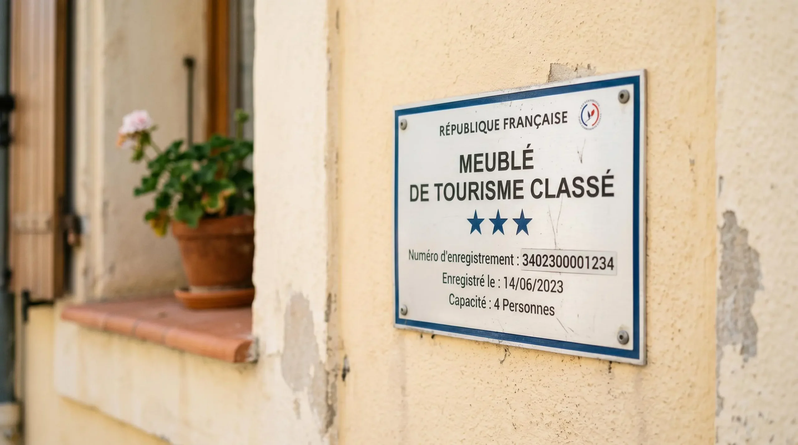 Gros plan sur une plaque officielle de numéro d'enregistrement d'un meublé de tourisme classé avec étoiles, apposée sur le mur extérieur d'un immeuble à Balaruc-les-Bains