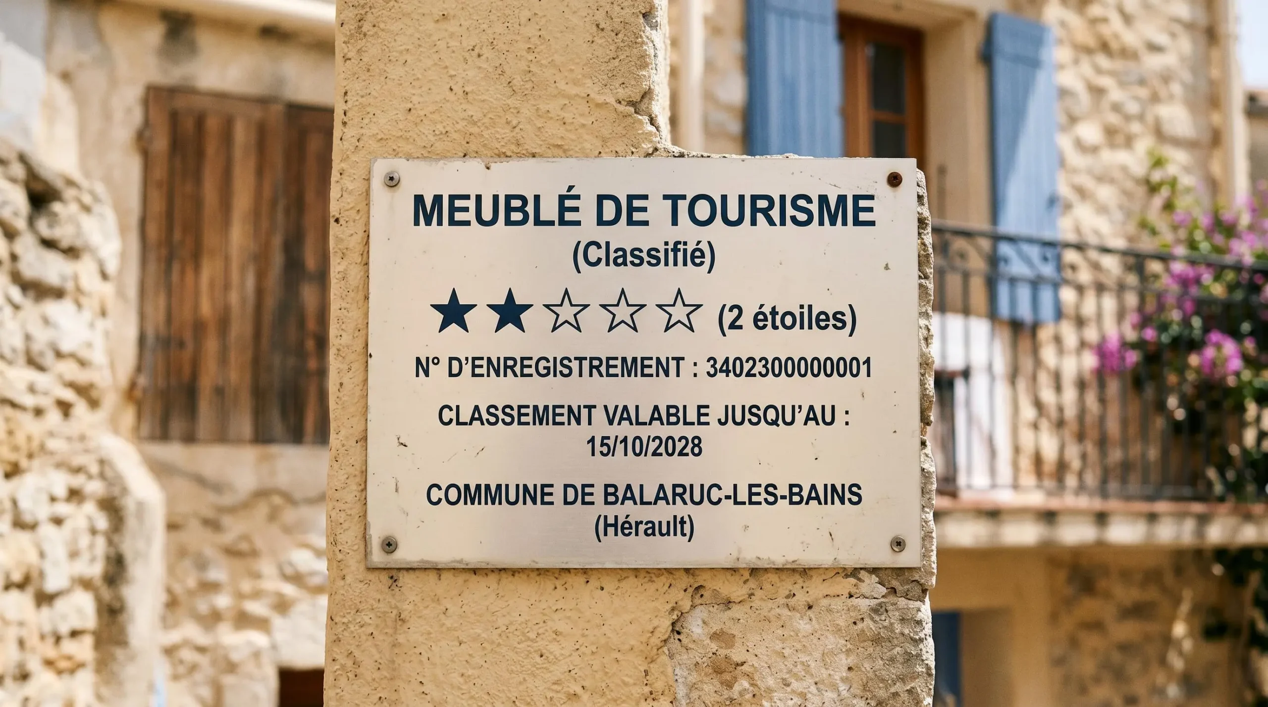 Gros plan sur une plaque officielle de numéro d'enregistrement d'un meublé de tourisme classé avec étoiles, apposée sur le mur extérieur d'un immeuble à Balaruc-les-Bains