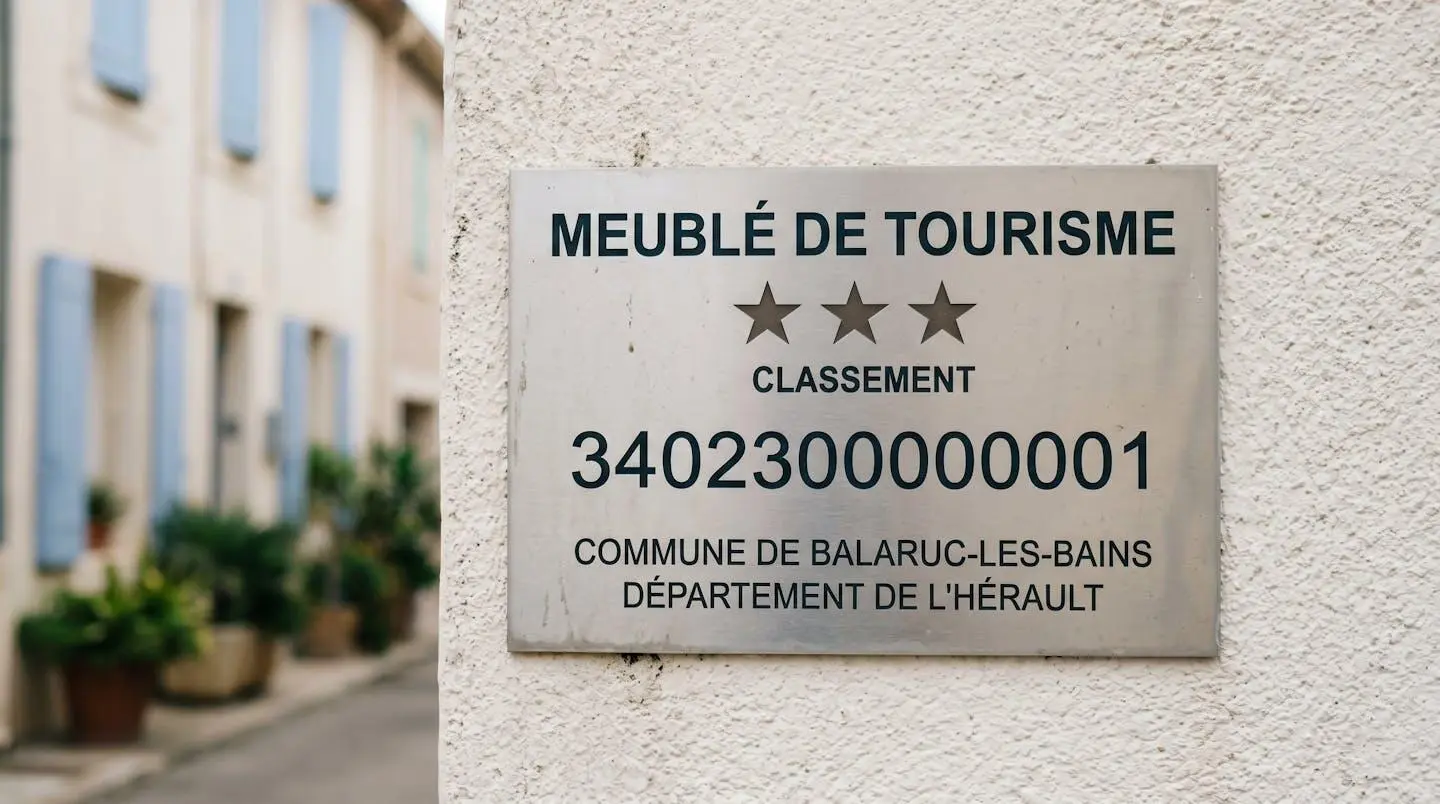 Gros plan sur une plaque officielle de numéro d'enregistrement d'un meublé de tourisme classé avec étoiles, apposée sur le mur extérieur d'un immeuble à Balaruc-les-Bains