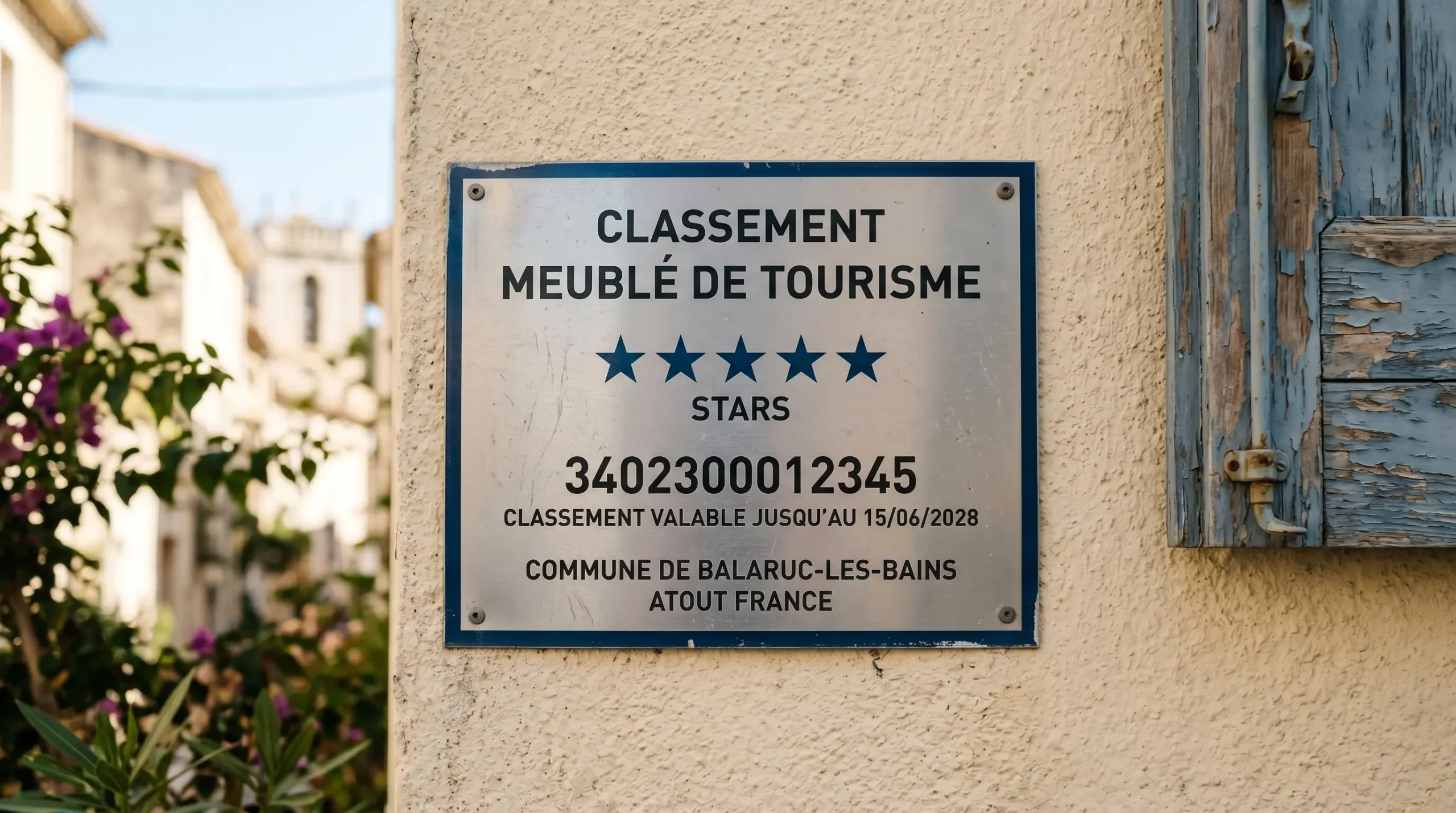 Gros plan sur une plaque officielle de numéro d'enregistrement d'un meublé de tourisme classé avec étoiles, apposée sur le mur extérieur d'un immeuble à Balaruc-les-Bains