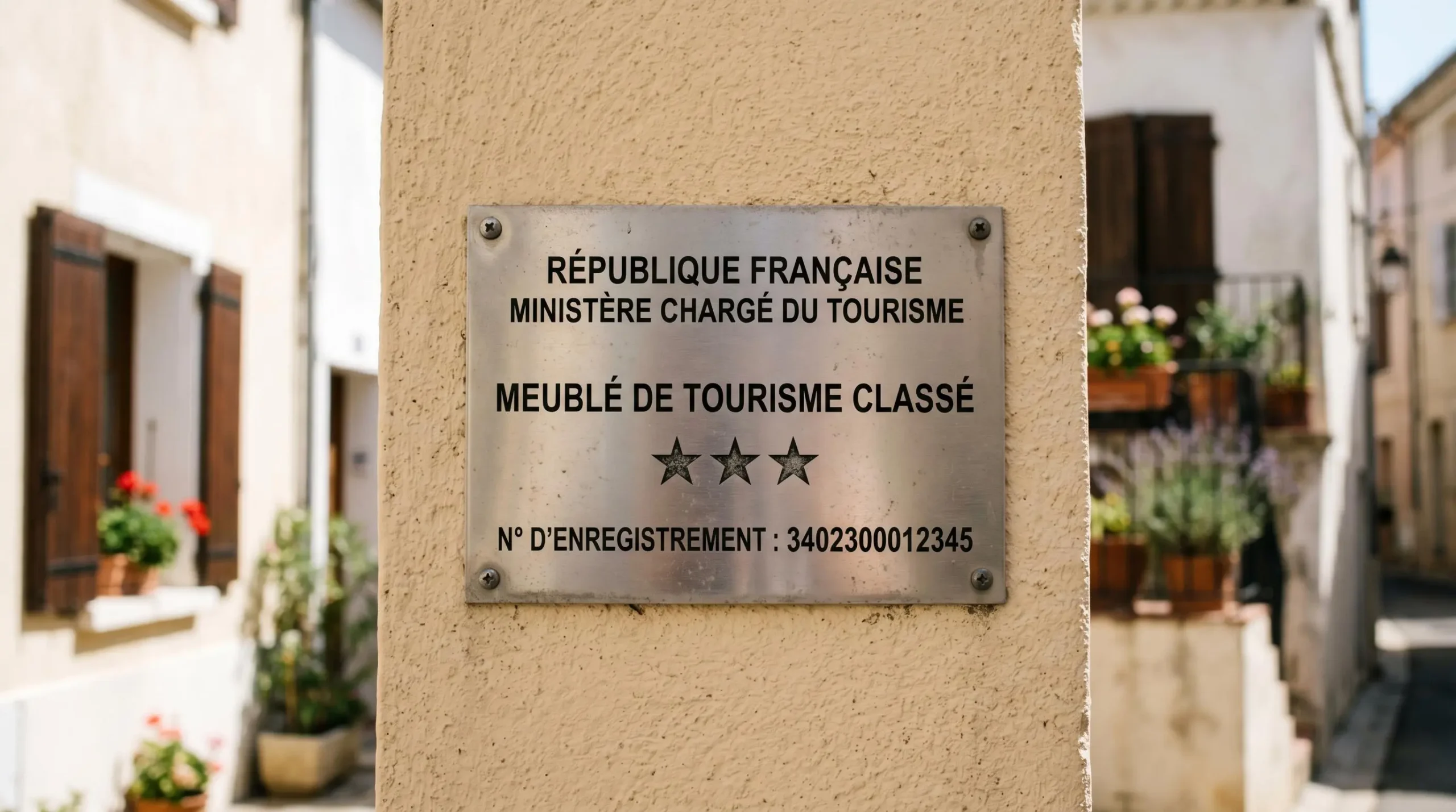 Gros plan sur une plaque officielle de numéro d'enregistrement d'un meublé de tourisme classé avec étoiles, apposée sur le mur extérieur d'un immeuble à Balaruc-les-Bains