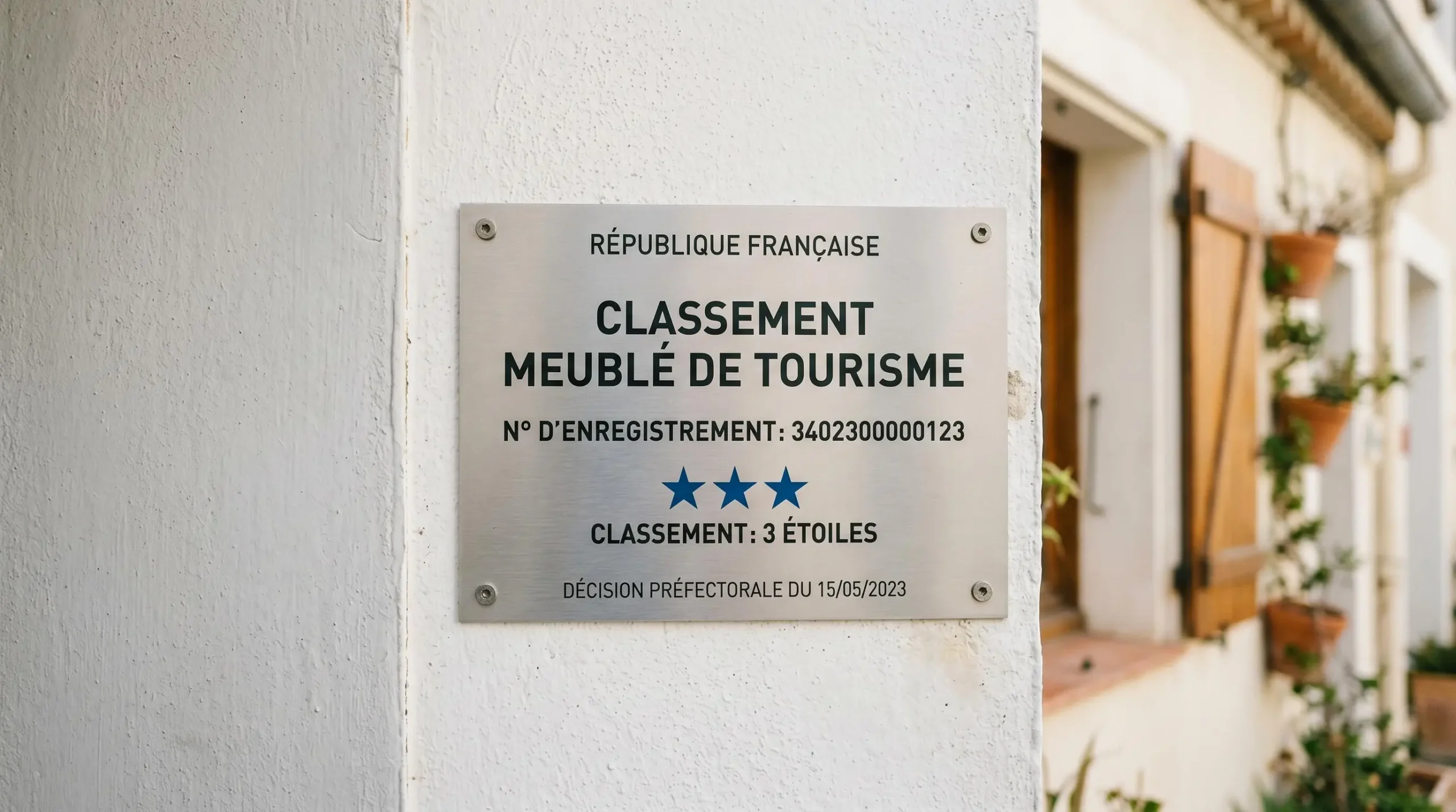 Gros plan sur une plaque officielle de numéro d'enregistrement d'un meublé de tourisme classé avec étoiles, apposée sur le mur extérieur d'un immeuble à Balaruc-les-Bains