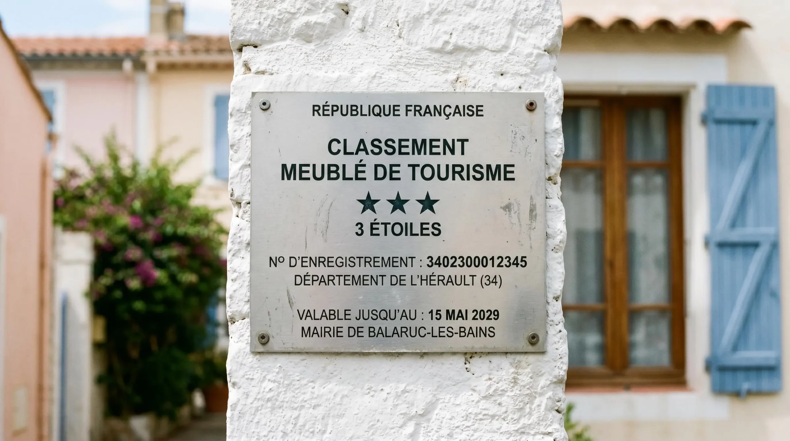 Gros plan sur une plaque officielle de numéro d'enregistrement d'un meublé de tourisme classé avec étoiles, apposée sur le mur extérieur d'un immeuble à Balaruc-les-Bains