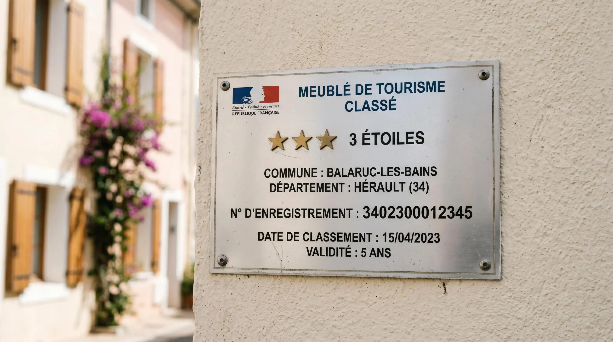 Gros plan sur une plaque officielle de numéro d'enregistrement d'un meublé de tourisme classé avec étoiles, apposée sur le mur extérieur d'un immeuble à Balaruc-les-Bains
