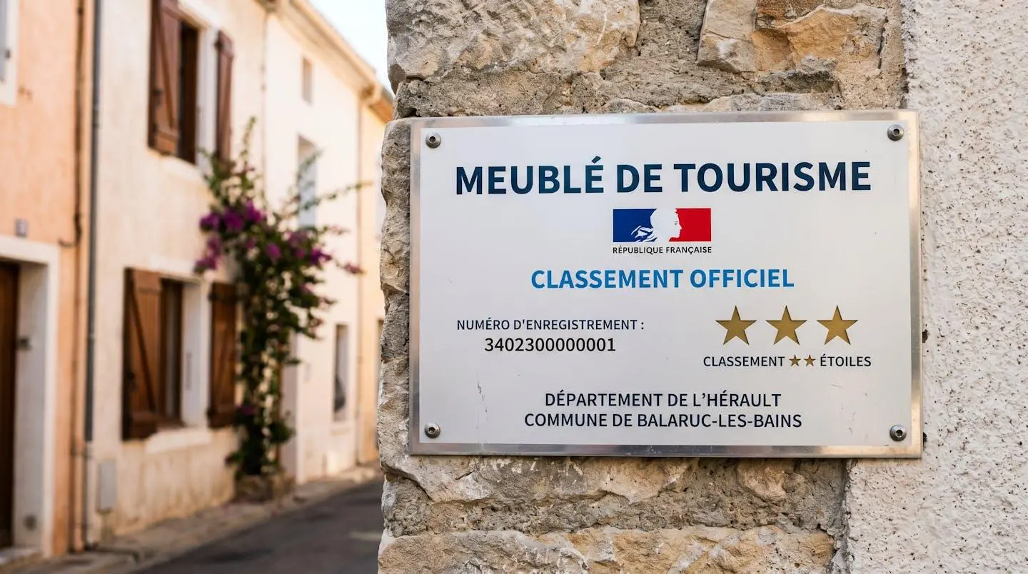 Gros plan sur une plaque officielle de numéro d'enregistrement d'un meublé de tourisme classé avec étoiles, apposée sur le mur extérieur d'un immeuble à Balaruc-les-Bains