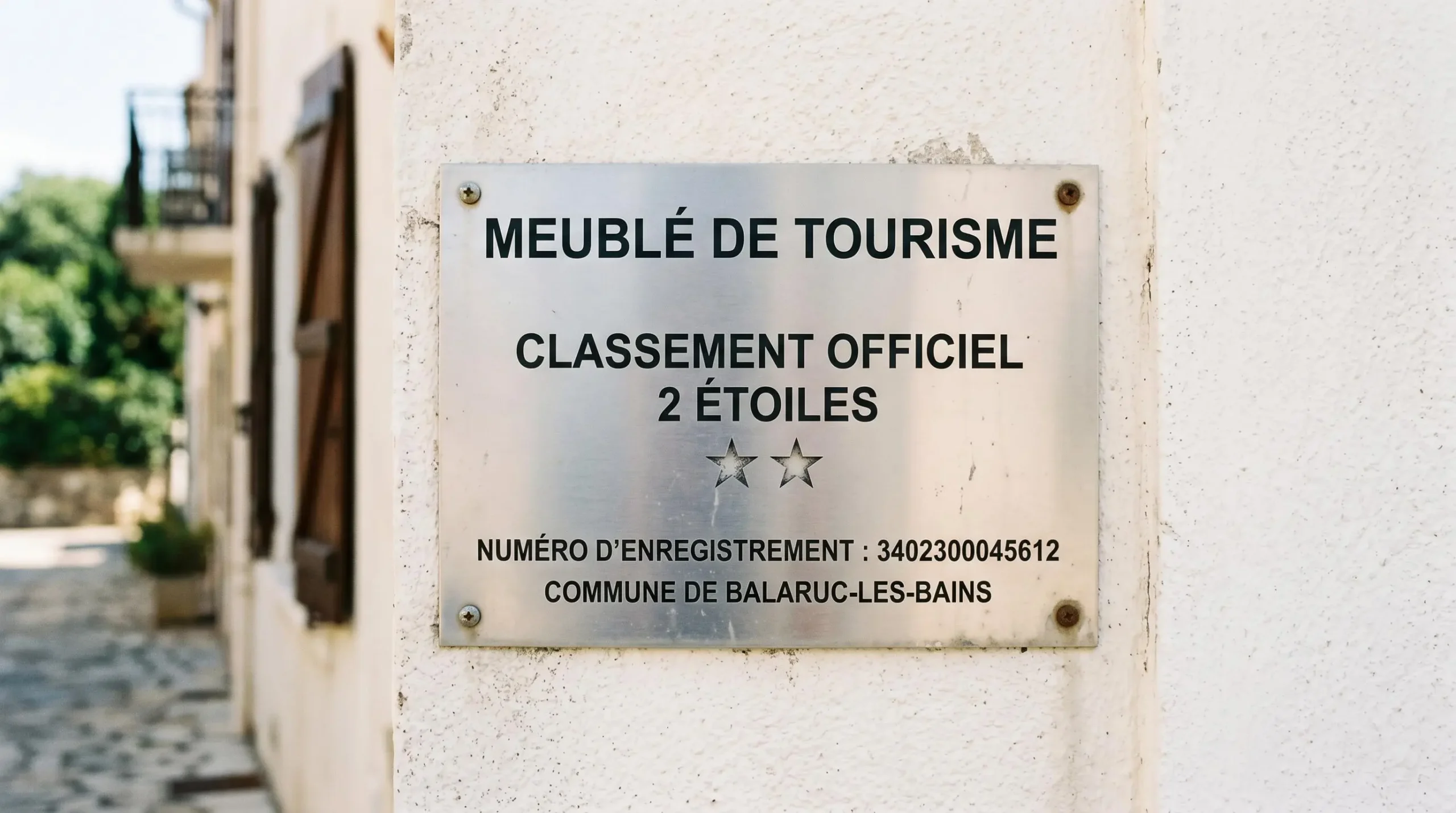 Gros plan sur une plaque officielle de numéro d'enregistrement d'un meublé de tourisme classé avec étoiles, apposée sur le mur extérieur d'un immeuble à Balaruc-les-Bains
