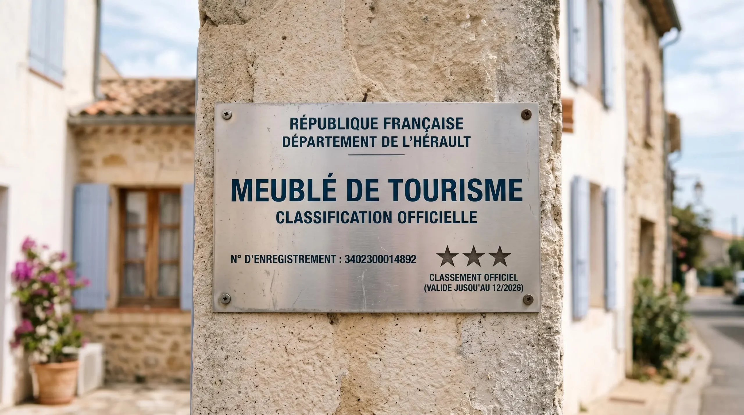 Gros plan sur une plaque officielle de numéro d'enregistrement d'un meublé de tourisme classé avec étoiles, apposée sur le mur extérieur d'un immeuble à Balaruc-les-Bains