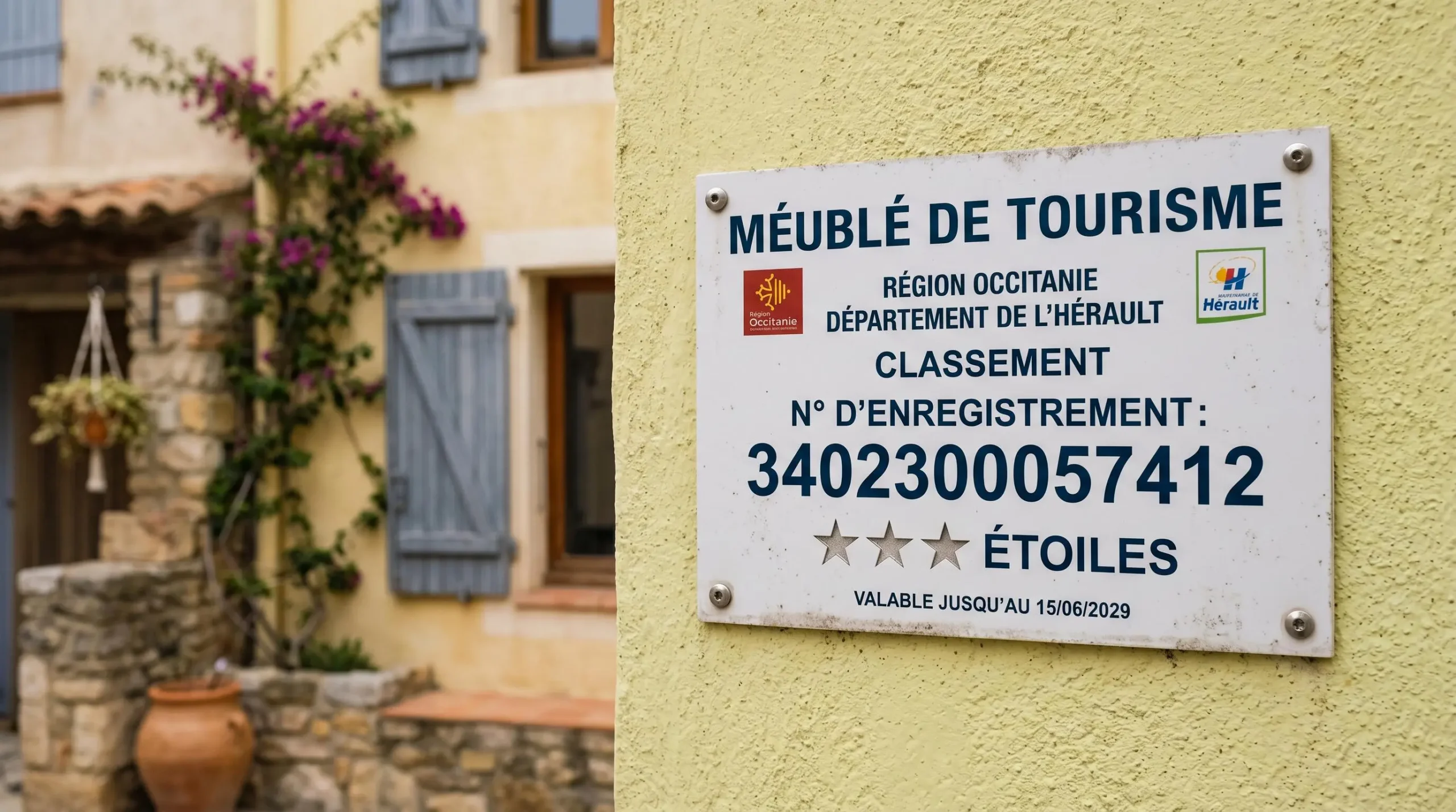 Gros plan sur une plaque officielle de numéro d'enregistrement d'un meublé de tourisme classé avec étoiles, apposée sur le mur extérieur d'un immeuble à Balaruc-les-Bains