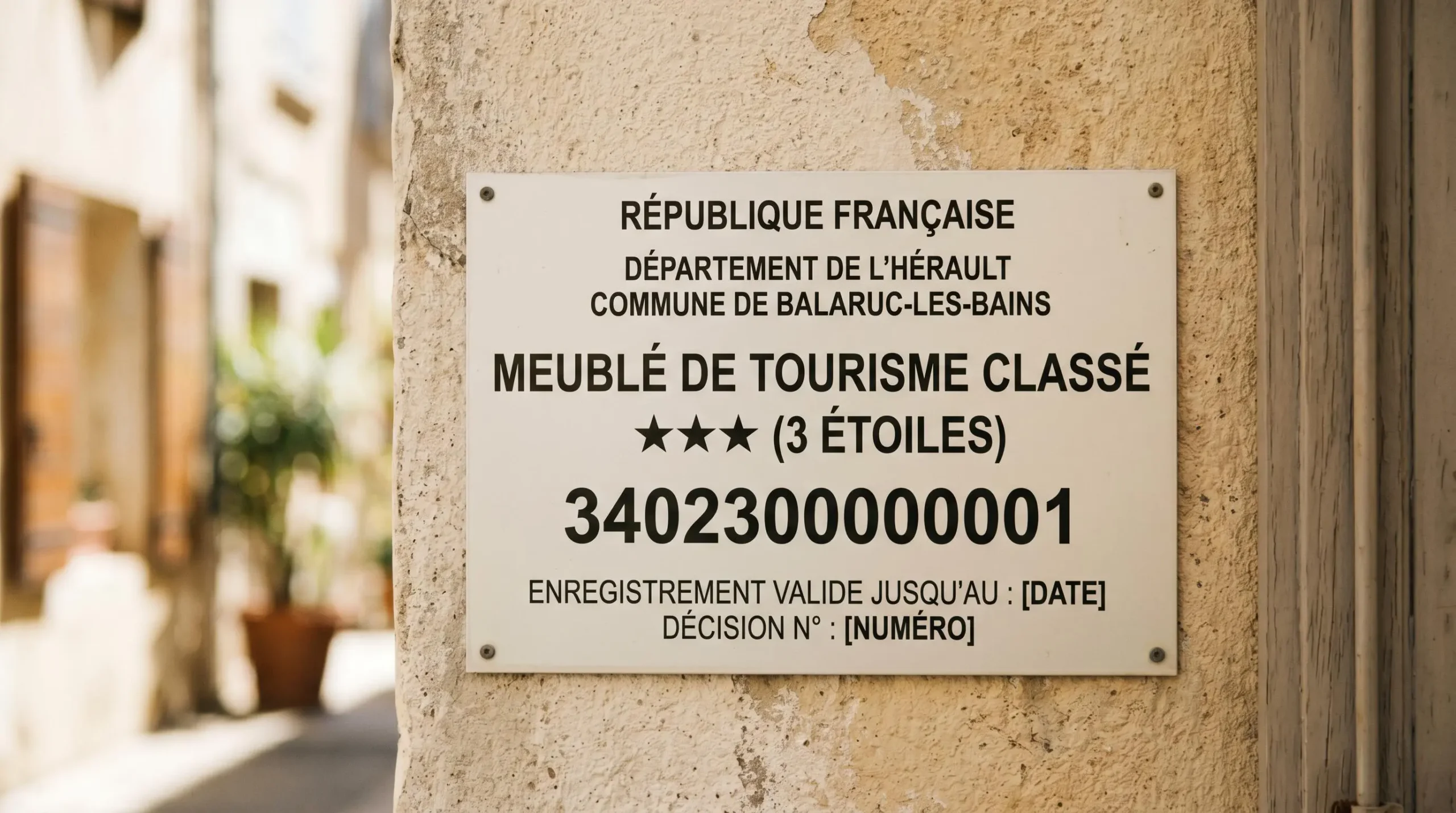 Gros plan sur une plaque officielle de numéro d'enregistrement d'un meublé de tourisme classé avec étoiles, apposée sur le mur extérieur d'un immeuble à Balaruc-les-Bains