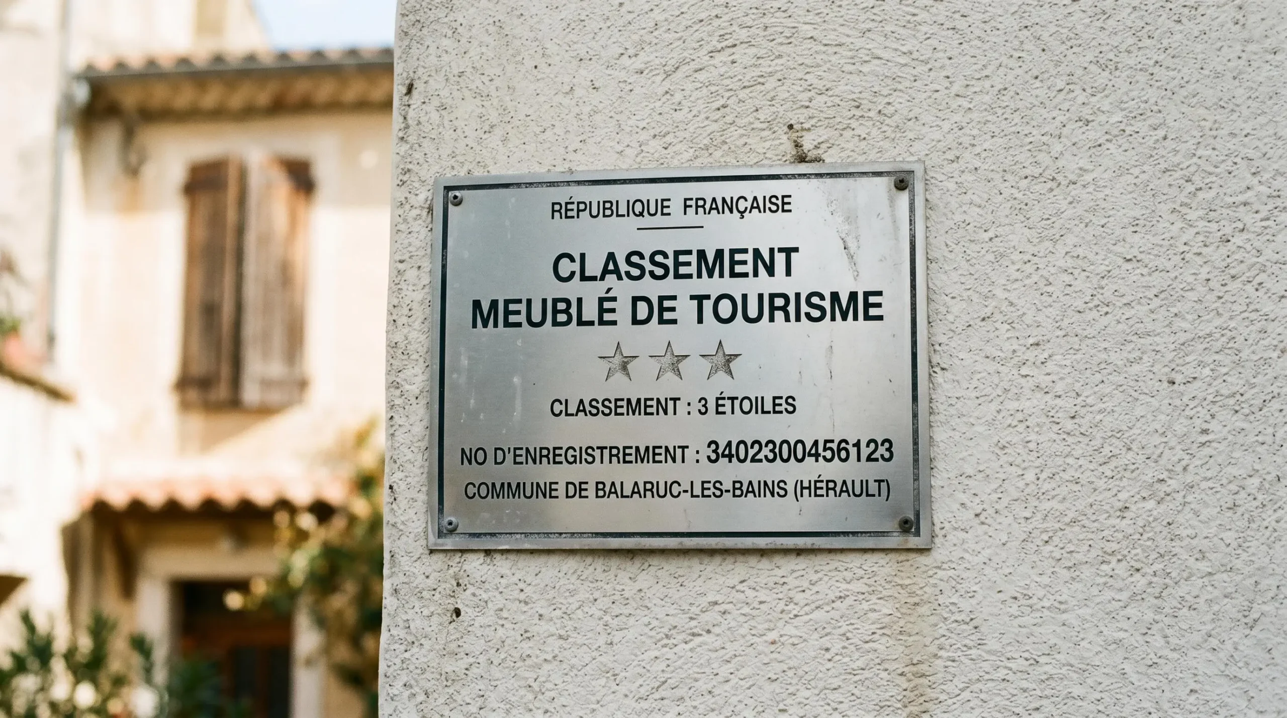 Gros plan sur une plaque officielle de numéro d'enregistrement d'un meublé de tourisme classé avec étoiles, apposée sur le mur extérieur d'un immeuble à Balaruc-les-Bains