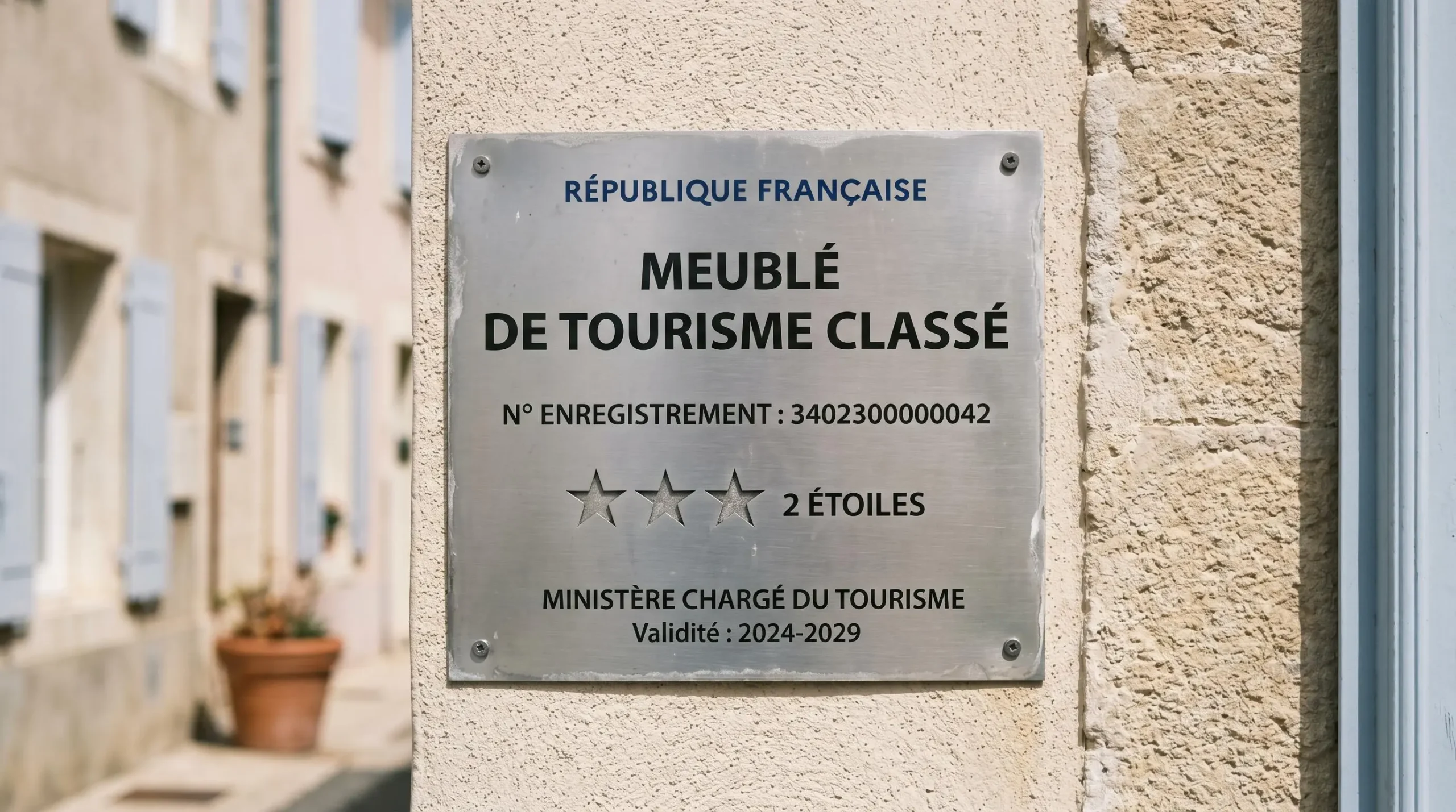 Gros plan sur une plaque officielle de numéro d'enregistrement d'un meublé de tourisme classé avec étoiles, apposée sur le mur extérieur d'un immeuble à Balaruc-les-Bains