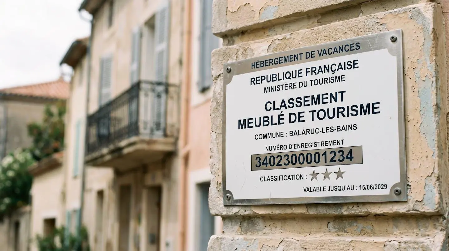 Gros plan sur une plaque officielle de numéro d'enregistrement d'un meublé de tourisme classé avec étoiles, apposée sur le mur extérieur d'un immeuble à Balaruc-les-Bains