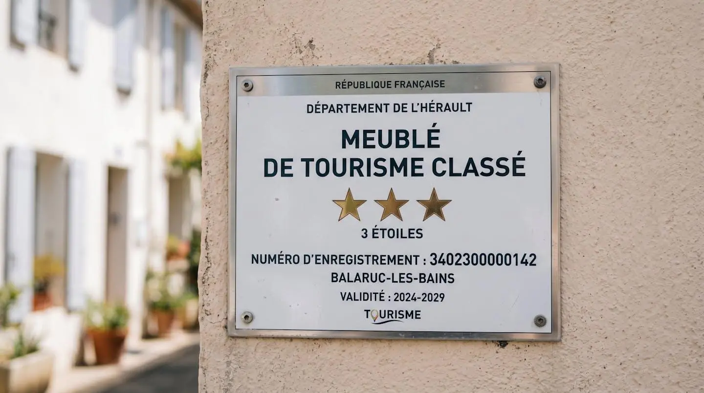 Gros plan sur une plaque officielle de numéro d'enregistrement d'un meublé de tourisme classé avec étoiles, apposée sur le mur extérieur d'un immeuble à Balaruc-les-Bains
