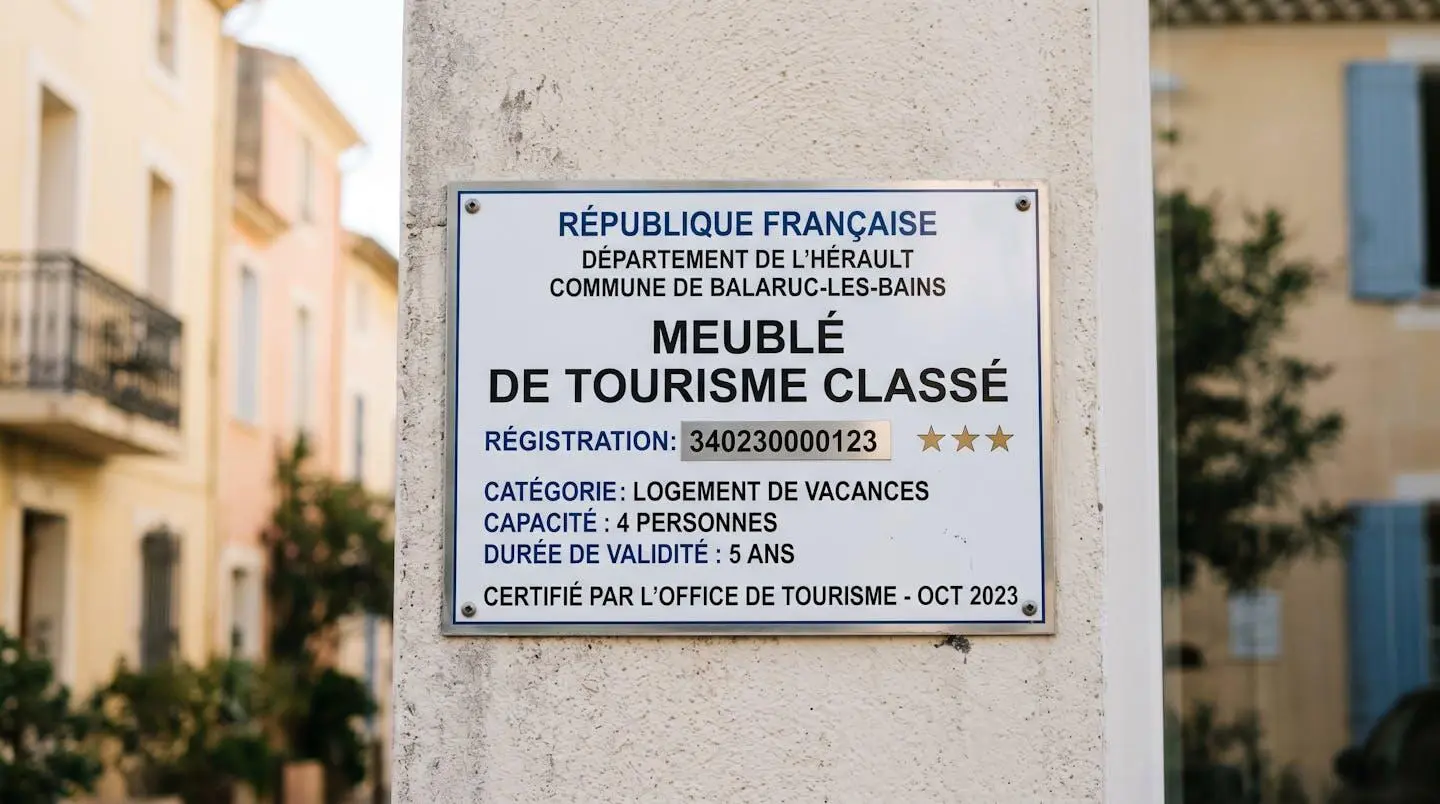 Gros plan sur une plaque officielle de numéro d'enregistrement d'un meublé de tourisme classé avec étoiles, apposée sur le mur extérieur d'un immeuble à Balaruc-les-Bains