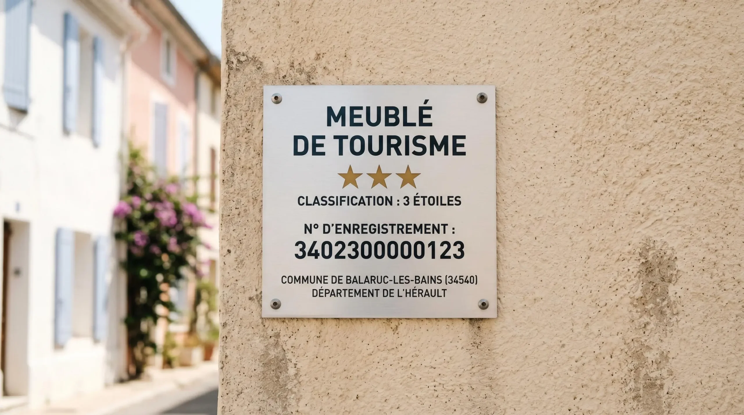 Gros plan sur une plaque officielle de numéro d'enregistrement d'un meublé de tourisme classé avec étoiles, apposée sur le mur extérieur d'un immeuble à Balaruc-les-Bains