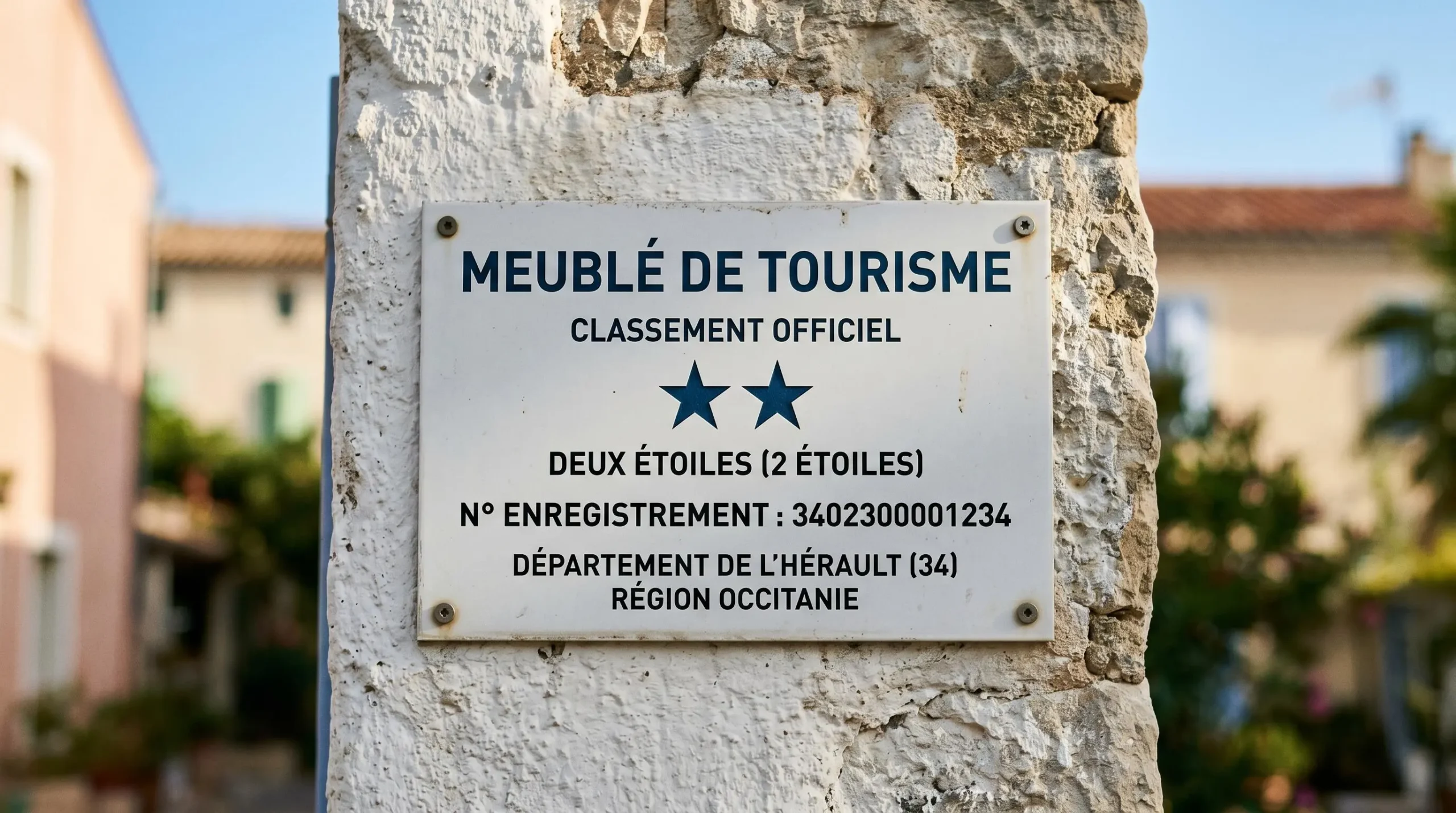 Gros plan sur une plaque officielle de numéro d'enregistrement d'un meublé de tourisme classé avec étoiles, apposée sur le mur extérieur d'un immeuble à Balaruc-les-Bains