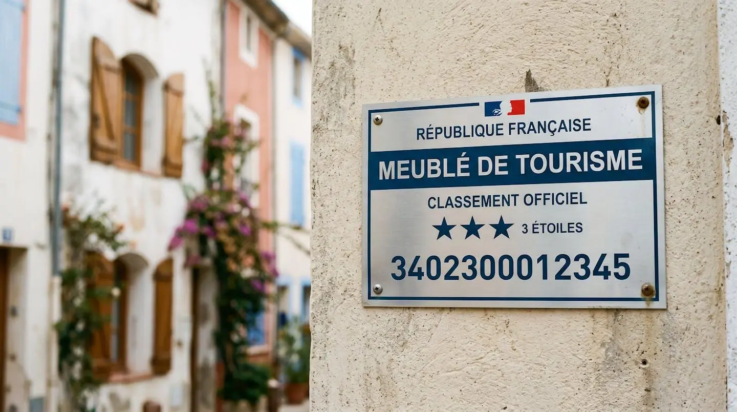 Gros plan sur une plaque officielle de numéro d'enregistrement d'un meublé de tourisme classé avec étoiles, apposée sur le mur extérieur d'un immeuble à Balaruc-les-Bains