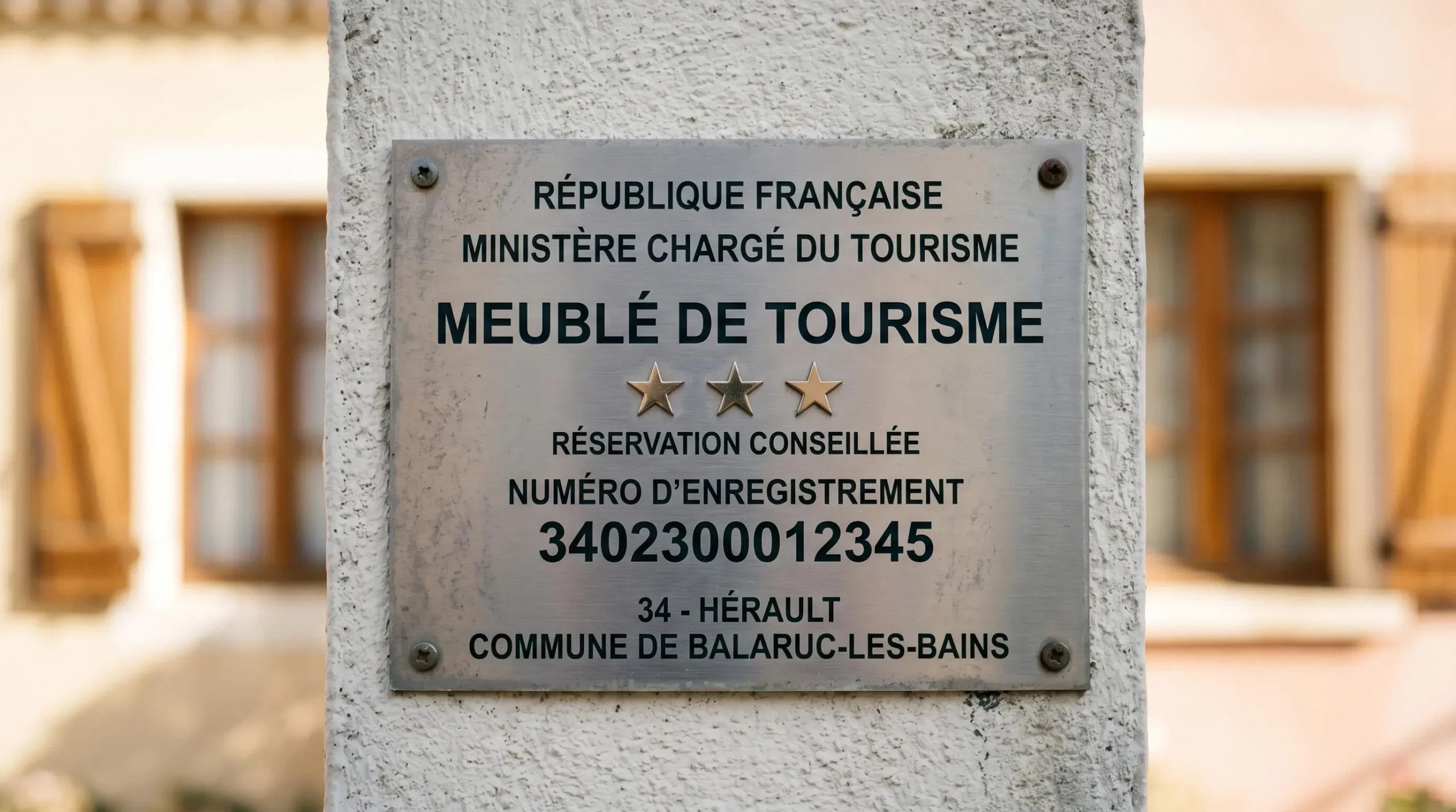 Gros plan sur une plaque officielle de numéro d'enregistrement d'un meublé de tourisme classé avec étoiles, apposée sur le mur extérieur d'un immeuble à Balaruc-les-Bains