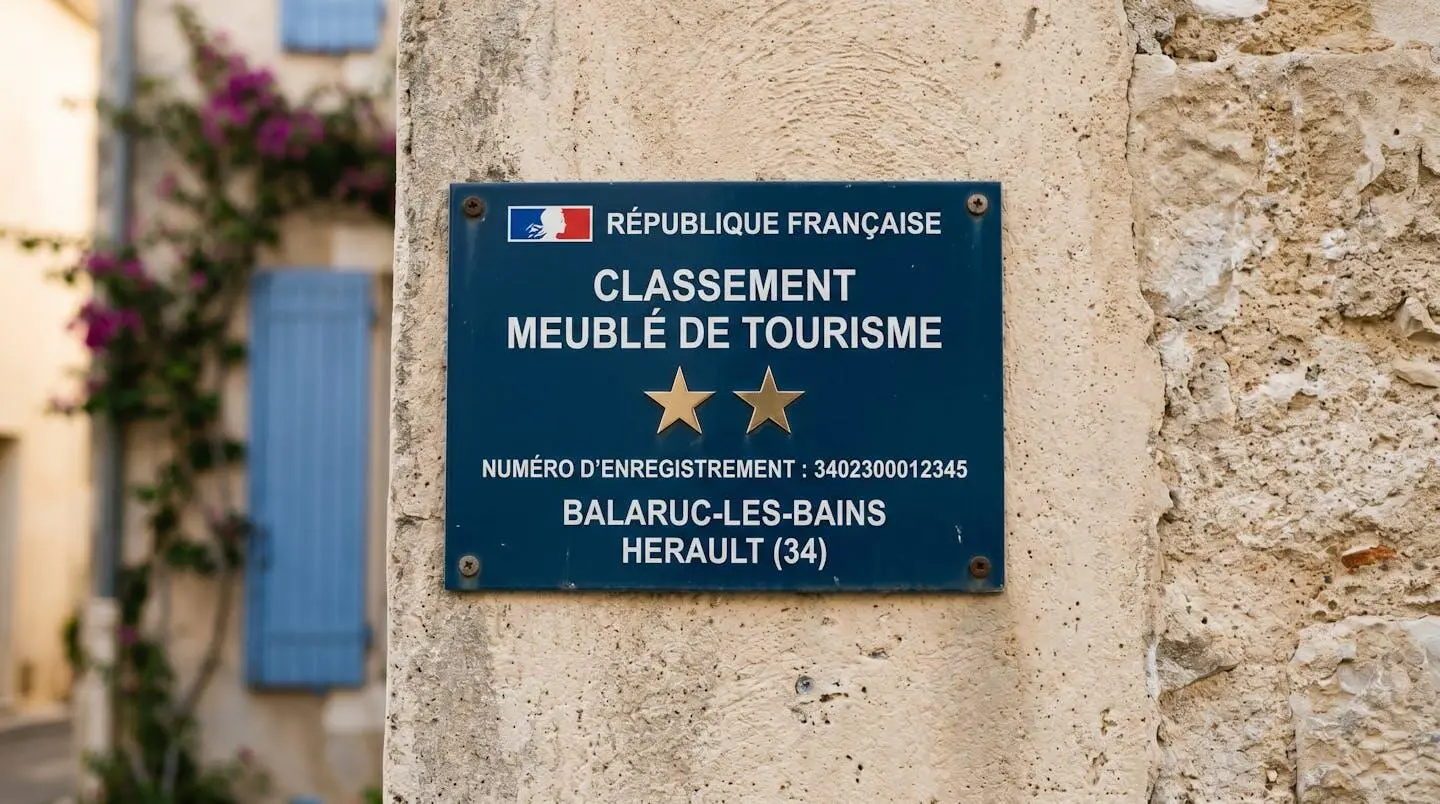 Gros plan sur une plaque officielle de numéro d'enregistrement d'un meublé de tourisme classé avec étoiles, apposée sur le mur extérieur d'un immeuble à Balaruc-les-Bains