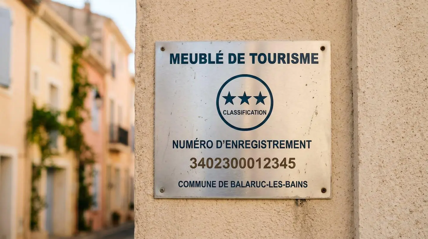Gros plan sur une plaque officielle de numéro d'enregistrement d'un meublé de tourisme classé avec étoiles, apposée sur le mur extérieur d'un immeuble à Balaruc-les-Bains