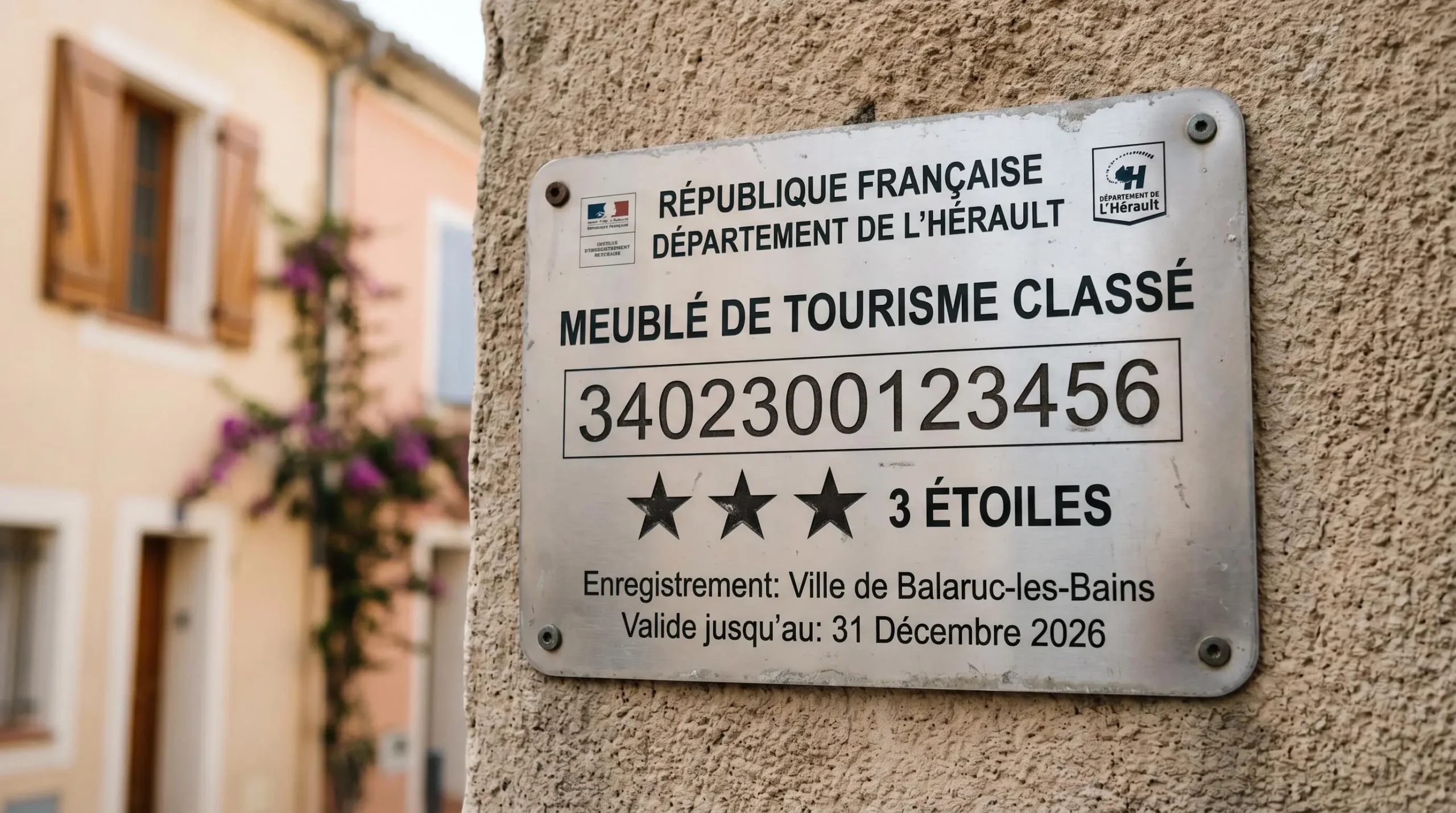 Gros plan sur une plaque officielle de numéro d'enregistrement d'un meublé de tourisme classé avec étoiles, apposée sur le mur extérieur d'un immeuble à Balaruc-les-Bains