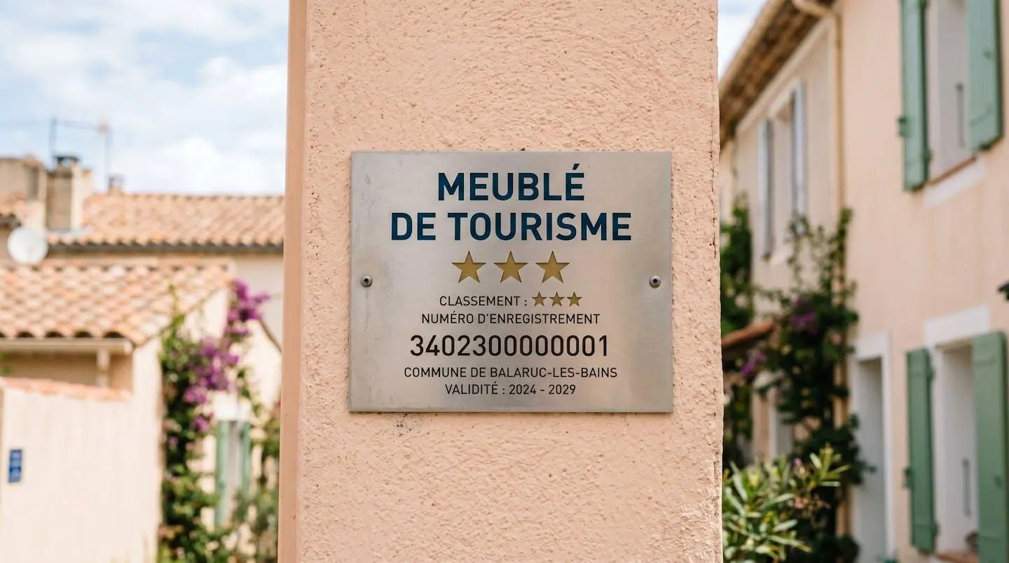 Gros plan sur une plaque officielle de numéro d'enregistrement d'un meublé de tourisme classé avec étoiles, apposée sur le mur extérieur d'un immeuble à Balaruc-les-Bains
