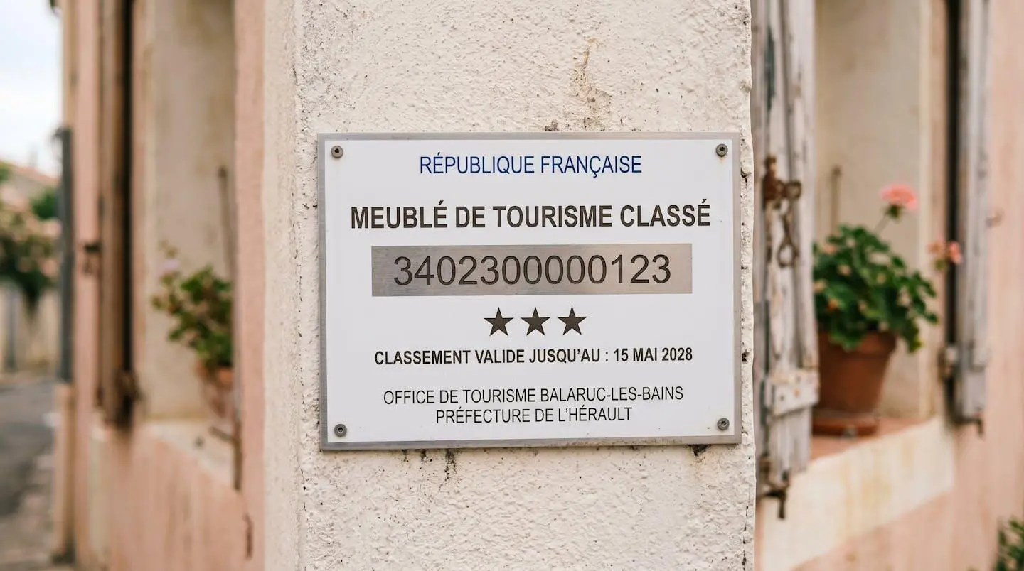 Gros plan sur une plaque officielle de numéro d'enregistrement d'un meublé de tourisme classé avec étoiles, apposée sur le mur extérieur d'un immeuble à Balaruc-les-Bains