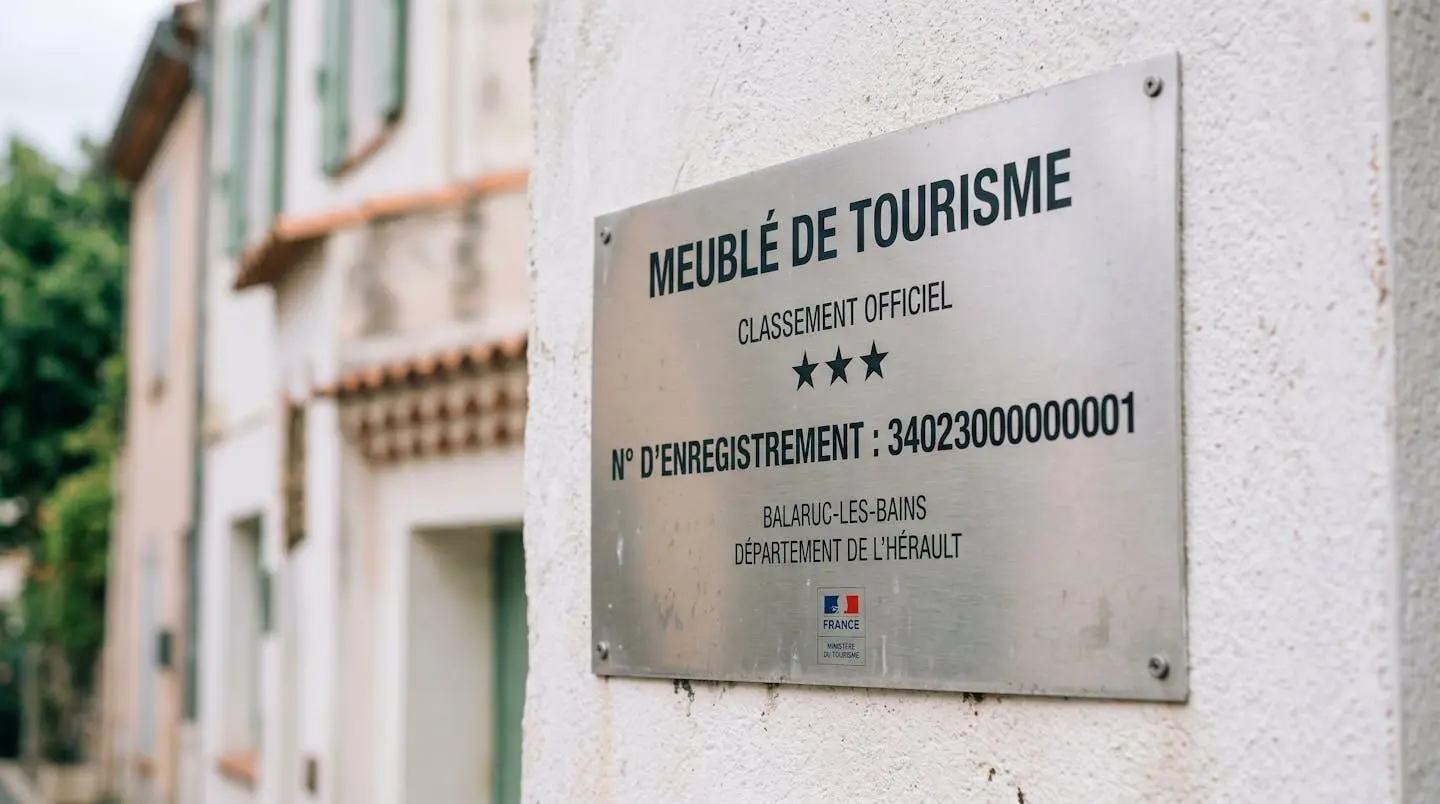 Gros plan sur une plaque officielle de numéro d'enregistrement d'un meublé de tourisme classé avec étoiles, apposée sur le mur extérieur d'un immeuble à Balaruc-les-Bains