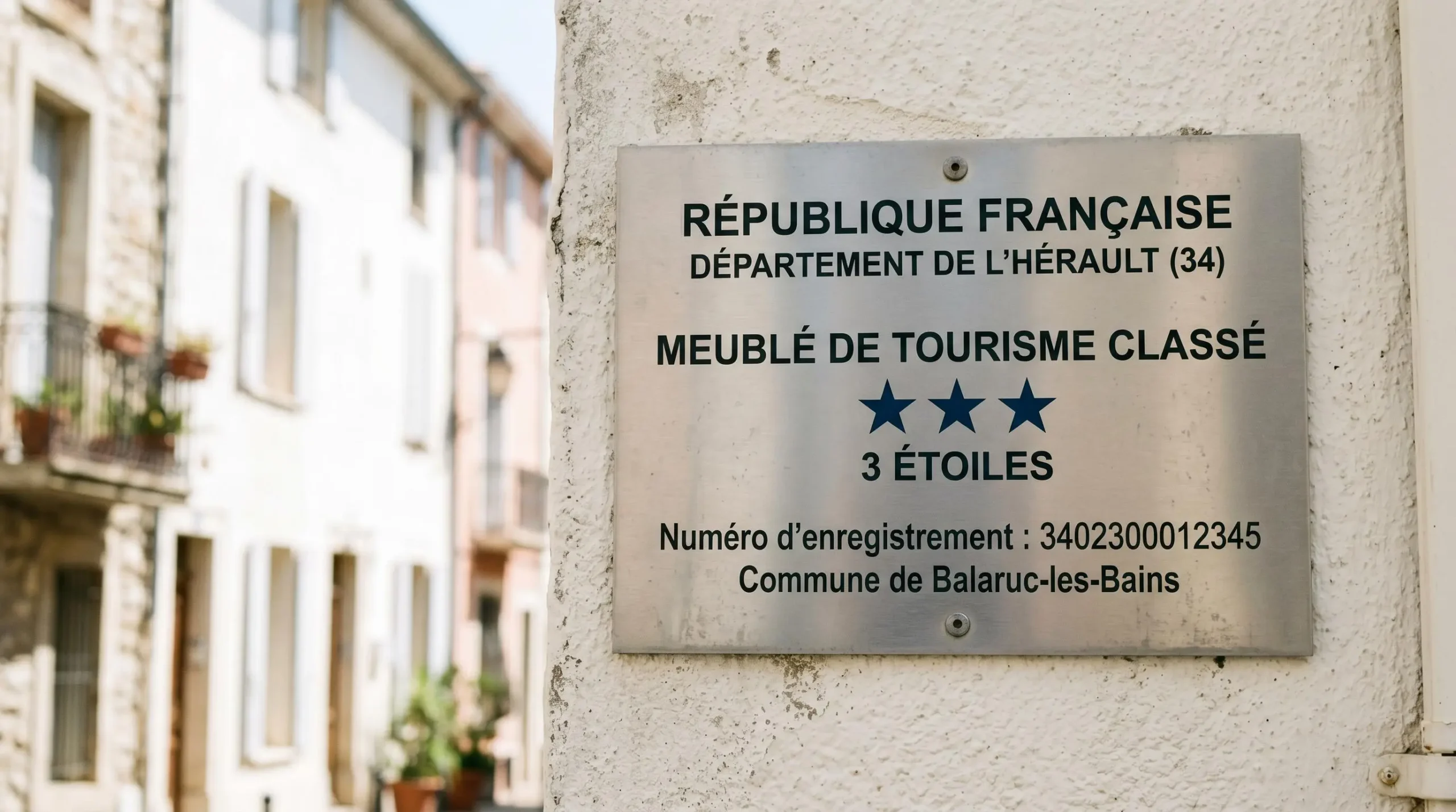 Gros plan sur une plaque officielle de numéro d'enregistrement d'un meublé de tourisme classé avec étoiles, apposée sur le mur extérieur d'un immeuble à Balaruc-les-Bains