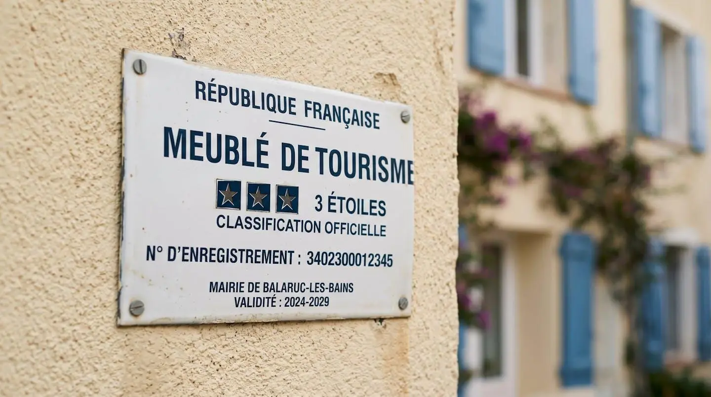 Gros plan sur une plaque officielle de numéro d'enregistrement d'un meublé de tourisme classé avec étoiles, apposée sur le mur extérieur d'un immeuble à Balaruc-les-Bains