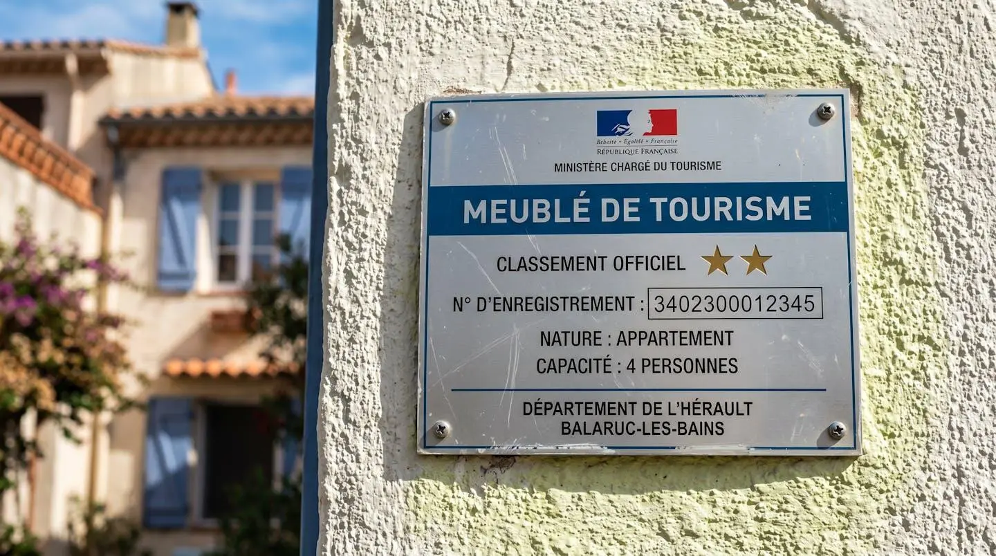 Gros plan sur une plaque officielle de numéro d'enregistrement d'un meublé de tourisme classé avec étoiles, apposée sur le mur extérieur d'un immeuble à Balaruc-les-Bains