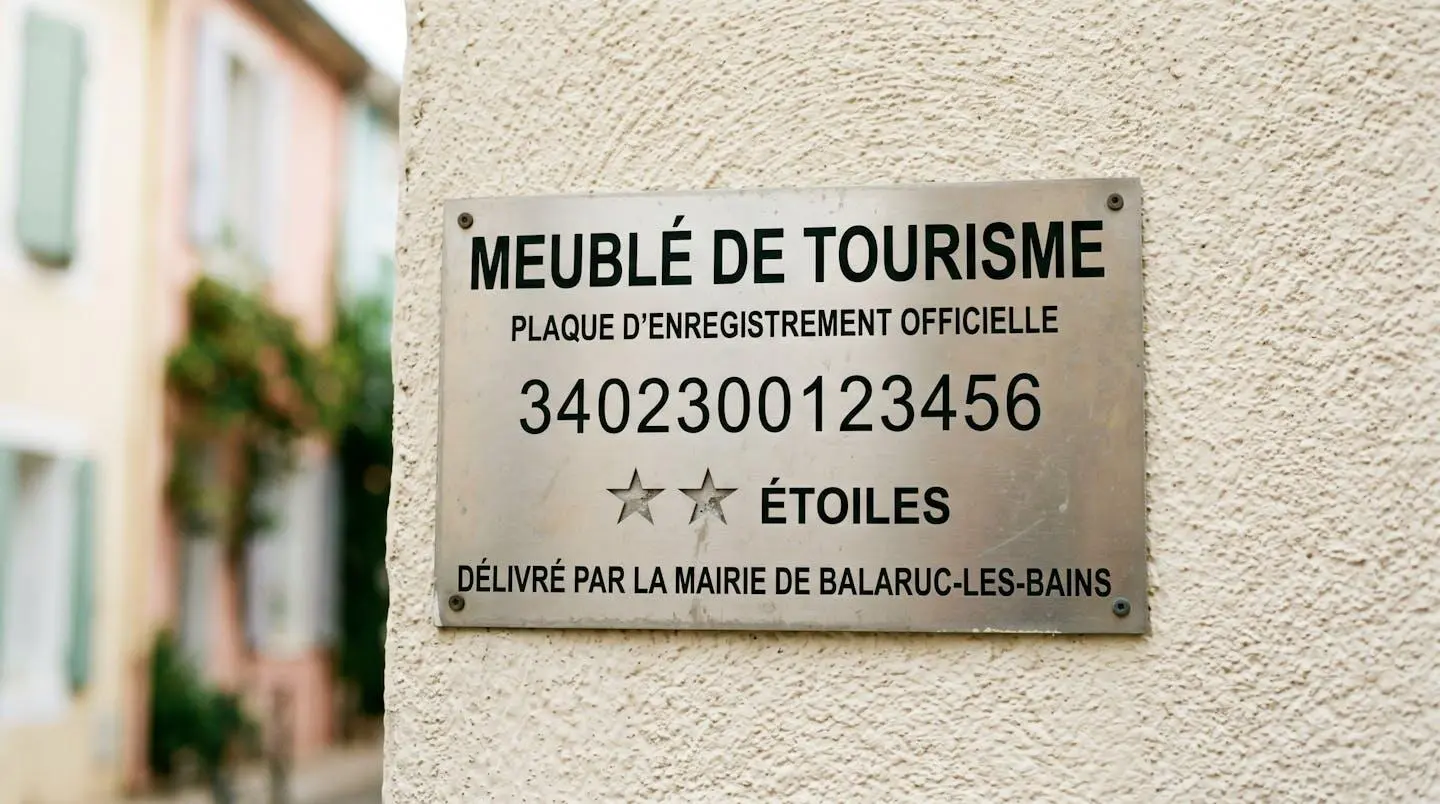 Gros plan sur une plaque officielle de numéro d'enregistrement d'un meublé de tourisme classé avec étoiles, apposée sur le mur extérieur d'un immeuble à Balaruc-les-Bains