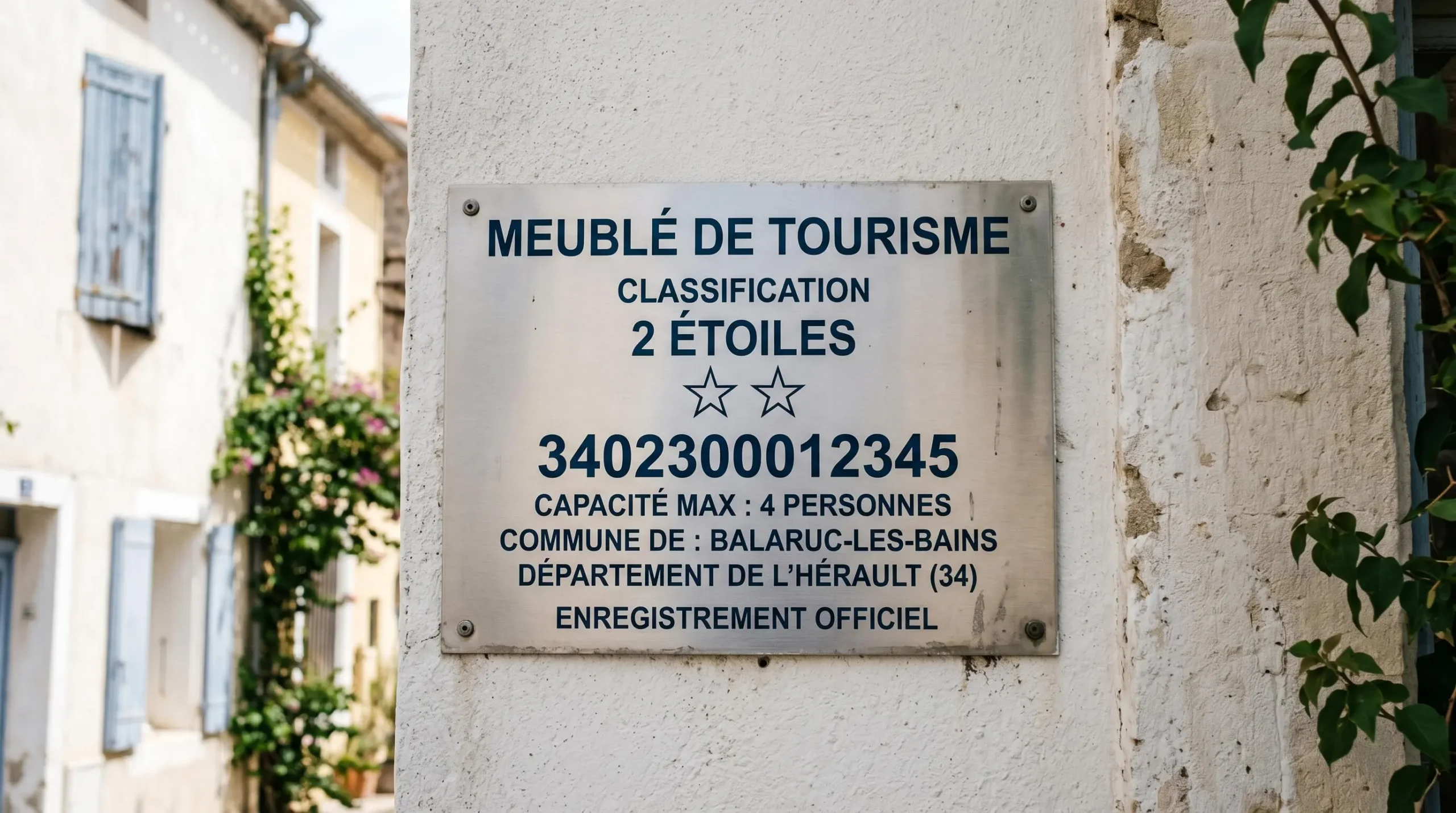 Gros plan sur une plaque officielle de numéro d'enregistrement d'un meublé de tourisme classé avec étoiles, apposée sur le mur extérieur d'un immeuble à Balaruc-les-Bains