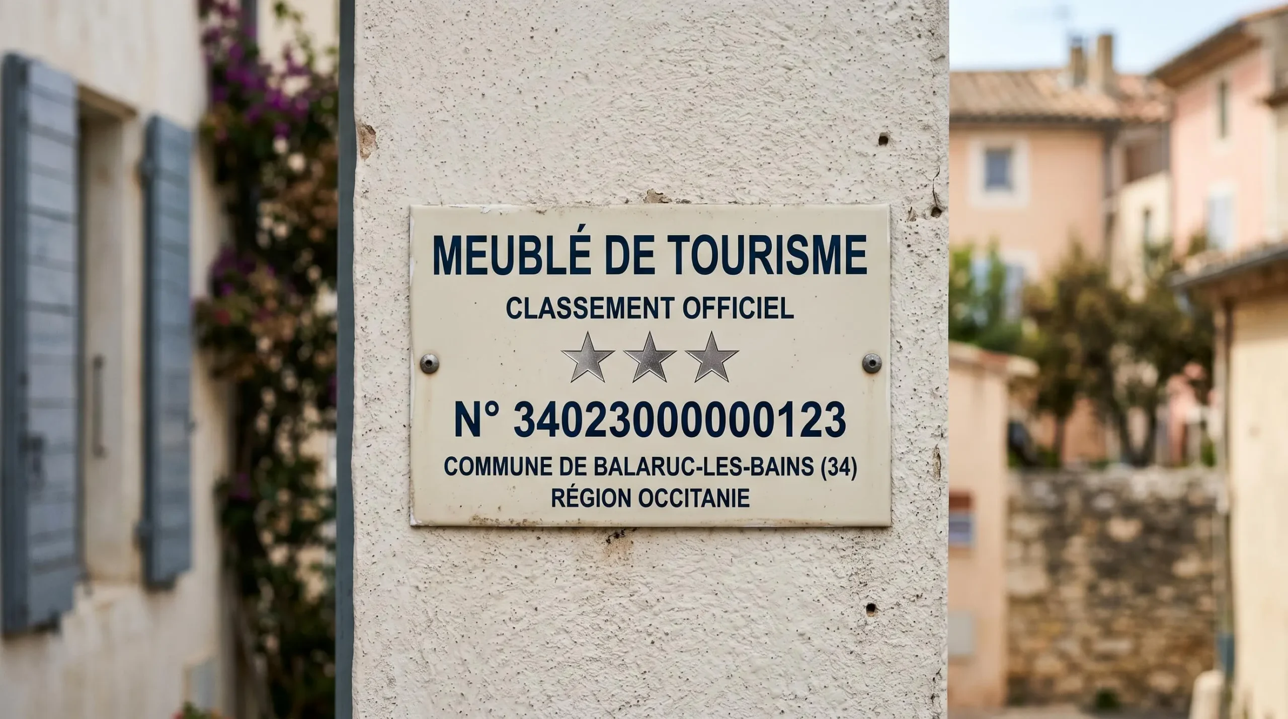 Gros plan sur une plaque officielle de numéro d'enregistrement d'un meublé de tourisme classé avec étoiles, apposée sur le mur extérieur d'un immeuble à Balaruc-les-Bains