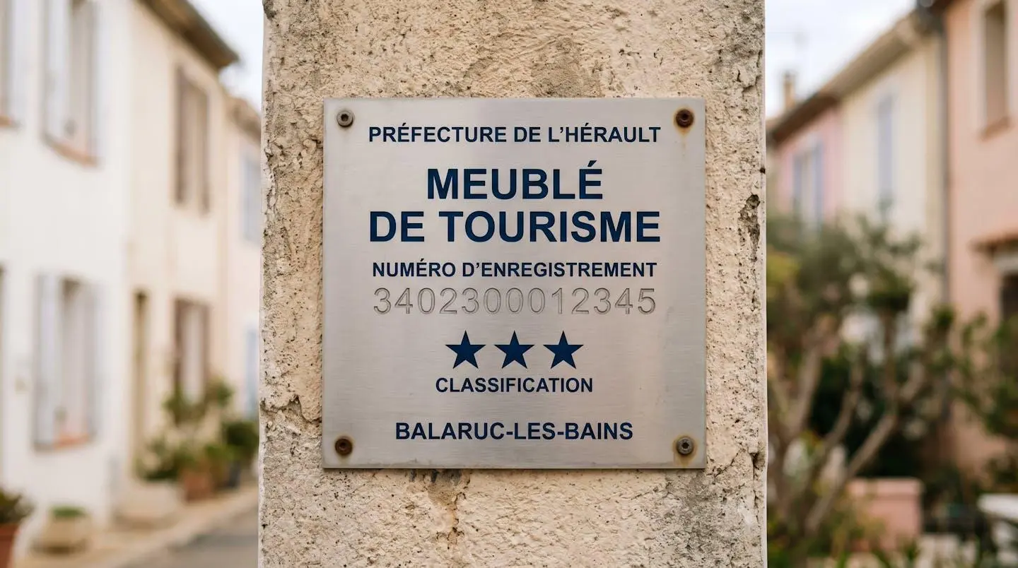 Gros plan sur une plaque officielle de numéro d'enregistrement d'un meublé de tourisme classé avec étoiles, apposée sur le mur extérieur d'un immeuble à Balaruc-les-Bains