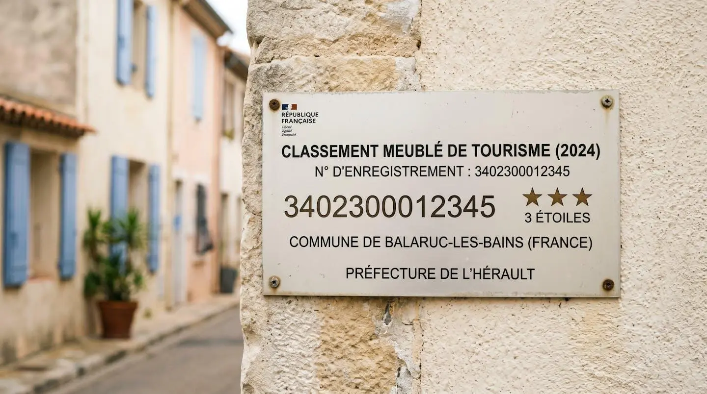 Gros plan sur une plaque officielle de numéro d'enregistrement d'un meublé de tourisme classé avec étoiles, apposée sur le mur extérieur d'un immeuble à Balaruc-les-Bains