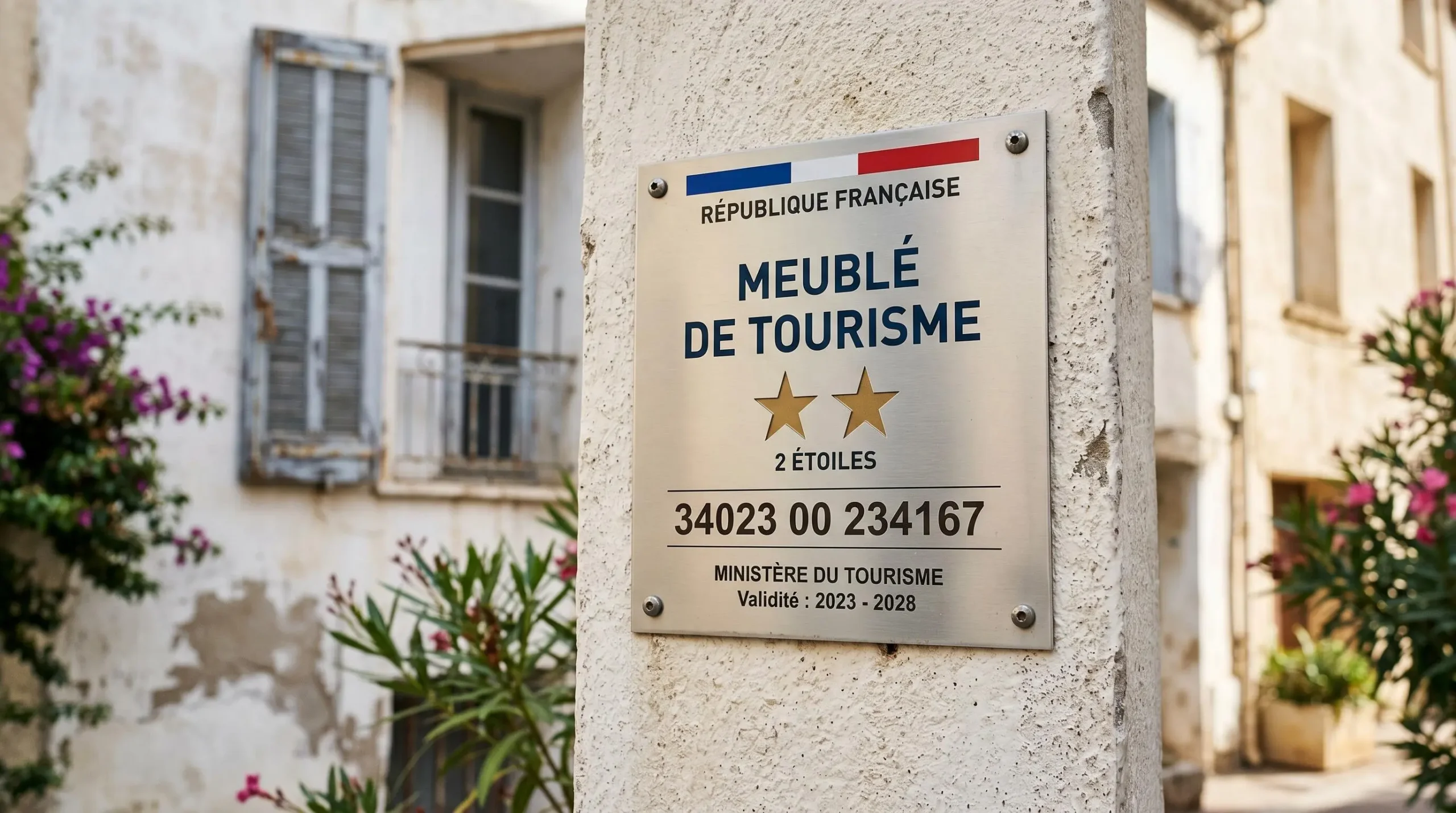 Gros plan sur une plaque officielle de numéro d'enregistrement d'un meublé de tourisme classé avec étoiles, apposée sur le mur extérieur d'un immeuble à Balaruc-les-Bains