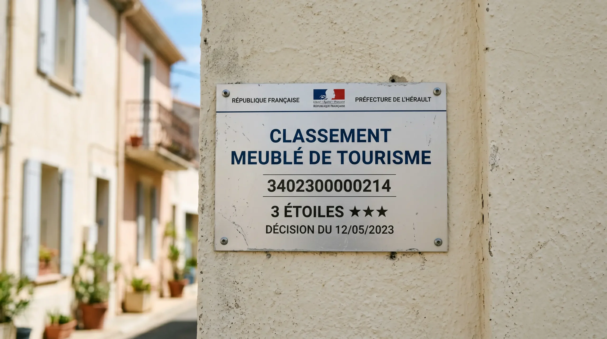 Gros plan sur une plaque officielle de numéro d'enregistrement d'un meublé de tourisme classé avec étoiles, apposée sur le mur extérieur d'un immeuble à Balaruc-les-Bains