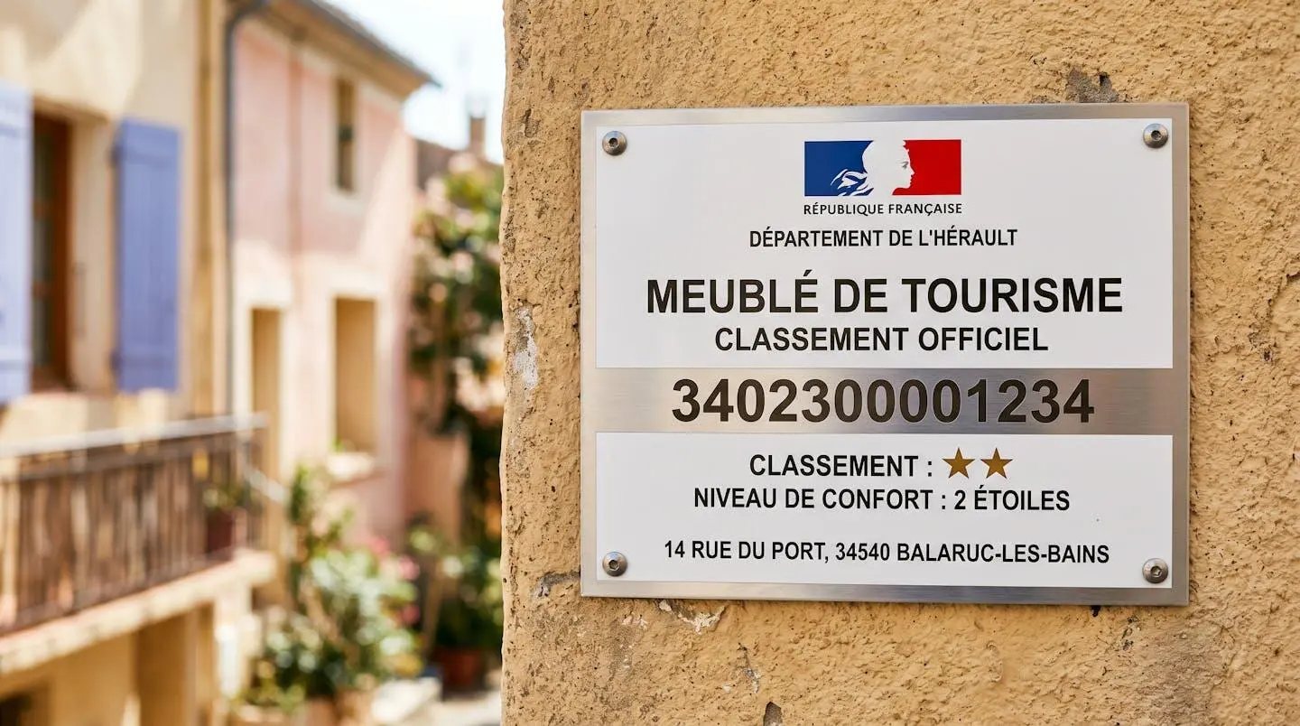 Gros plan sur une plaque officielle de numéro d'enregistrement d'un meublé de tourisme classé avec étoiles, apposée sur le mur extérieur d'un immeuble à Balaruc-les-Bains