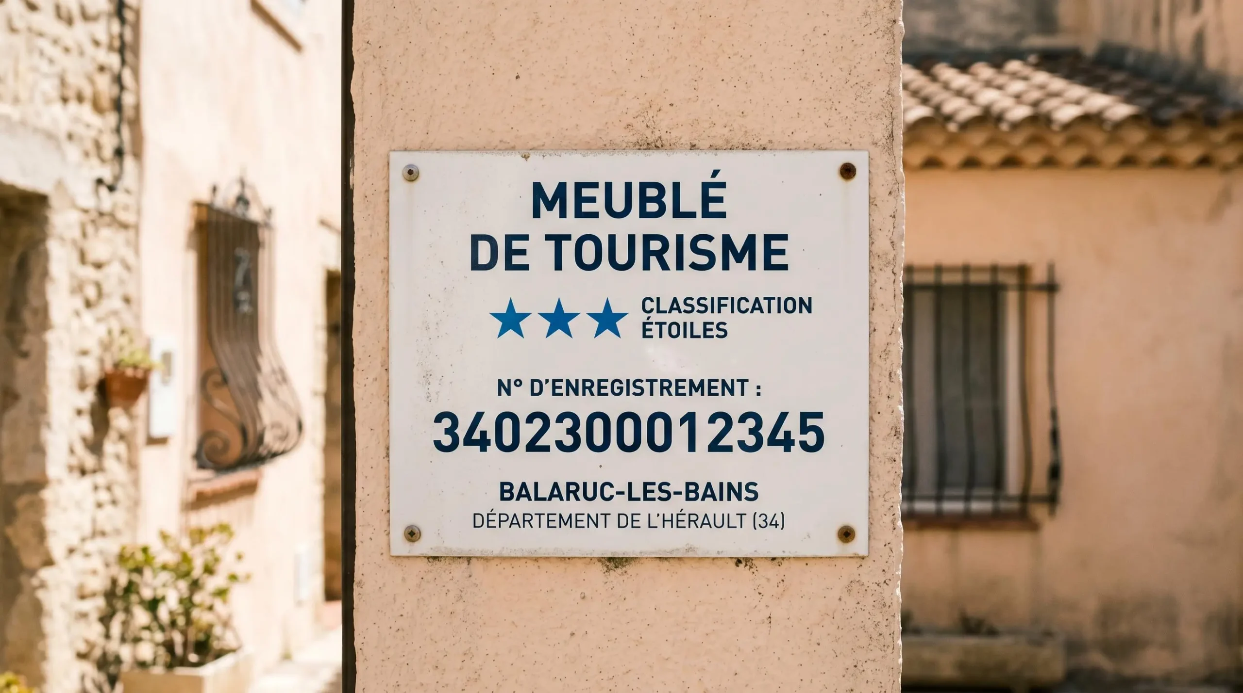 Gros plan sur une plaque officielle de numéro d'enregistrement d'un meublé de tourisme classé avec étoiles, apposée sur le mur extérieur d'un immeuble à Balaruc-les-Bains