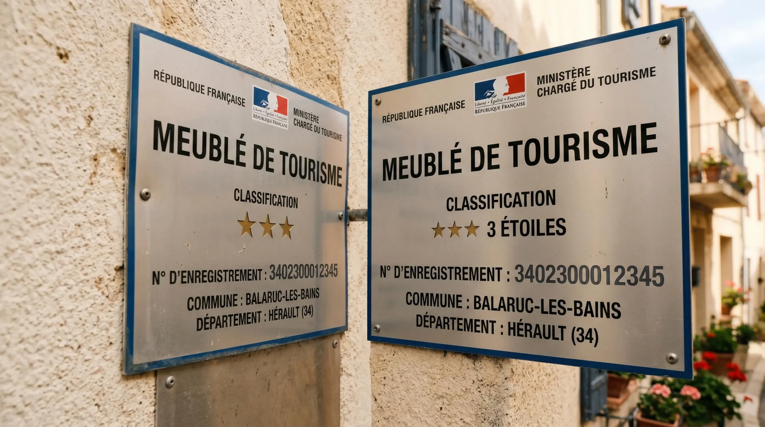 Gros plan sur une plaque officielle de numéro d'enregistrement d'un meublé de tourisme classé avec étoiles, apposée sur le mur extérieur d'un immeuble à Balaruc-les-Bains